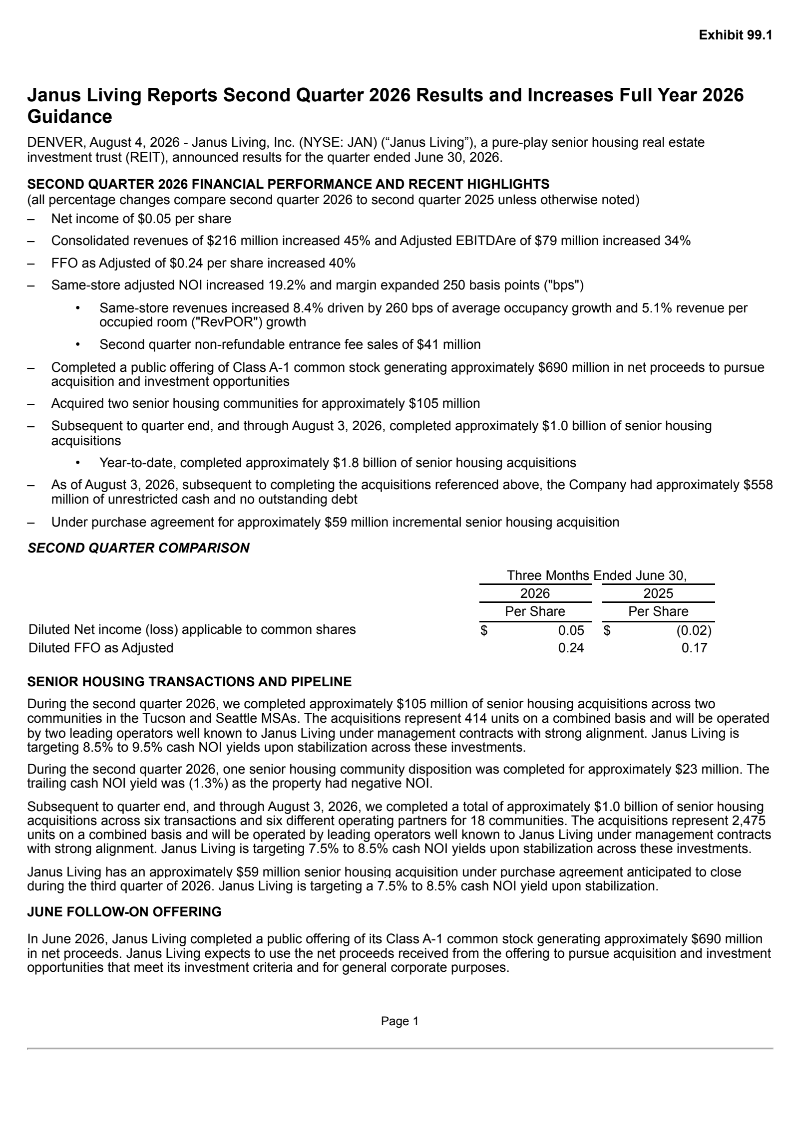 JAN's Q2 2026 Press Release