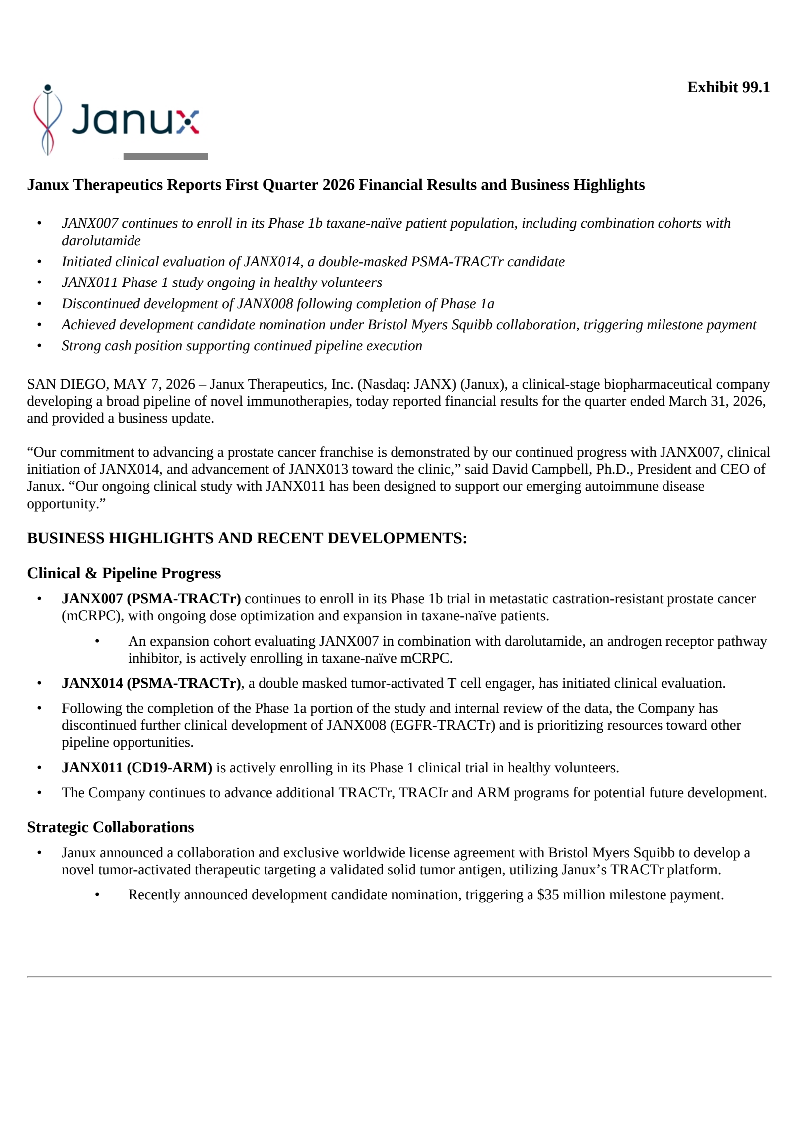 Janux Therapeutics' Q1 2026 Press Release