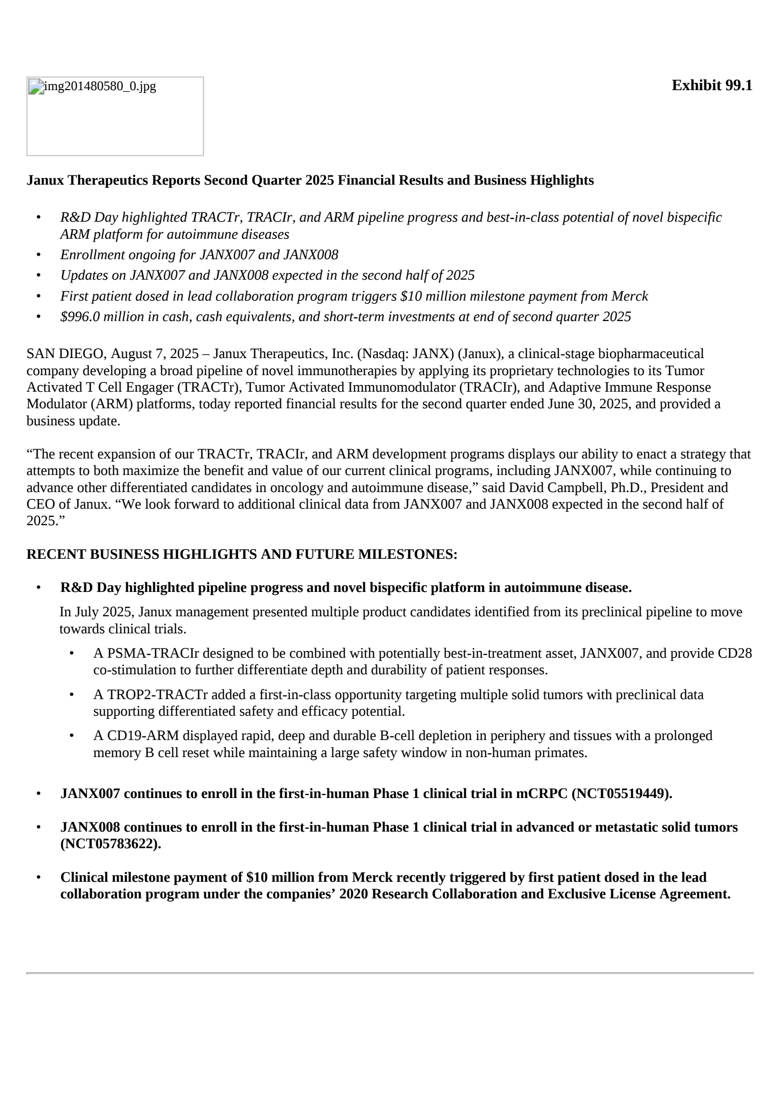 Janux Therapeutics' Q2 2025 Press Release