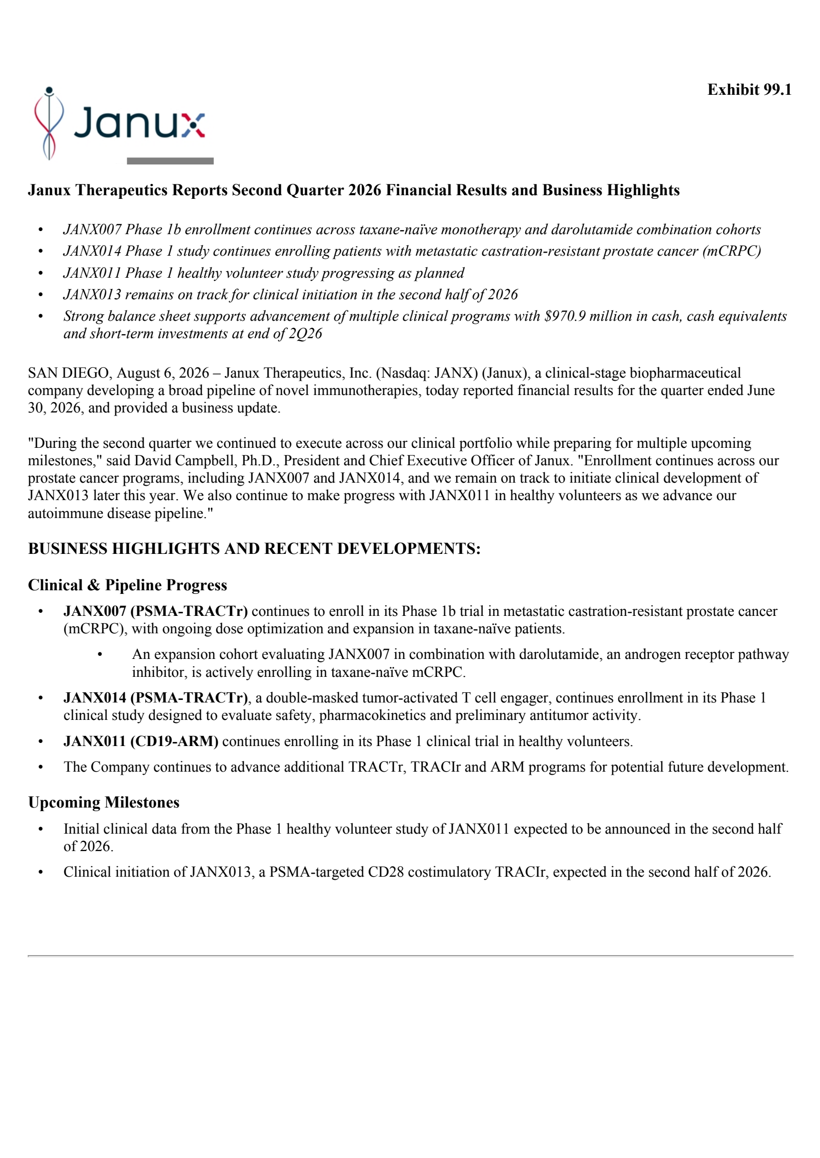 Janux Therapeutics' Q2 2026 Press Release