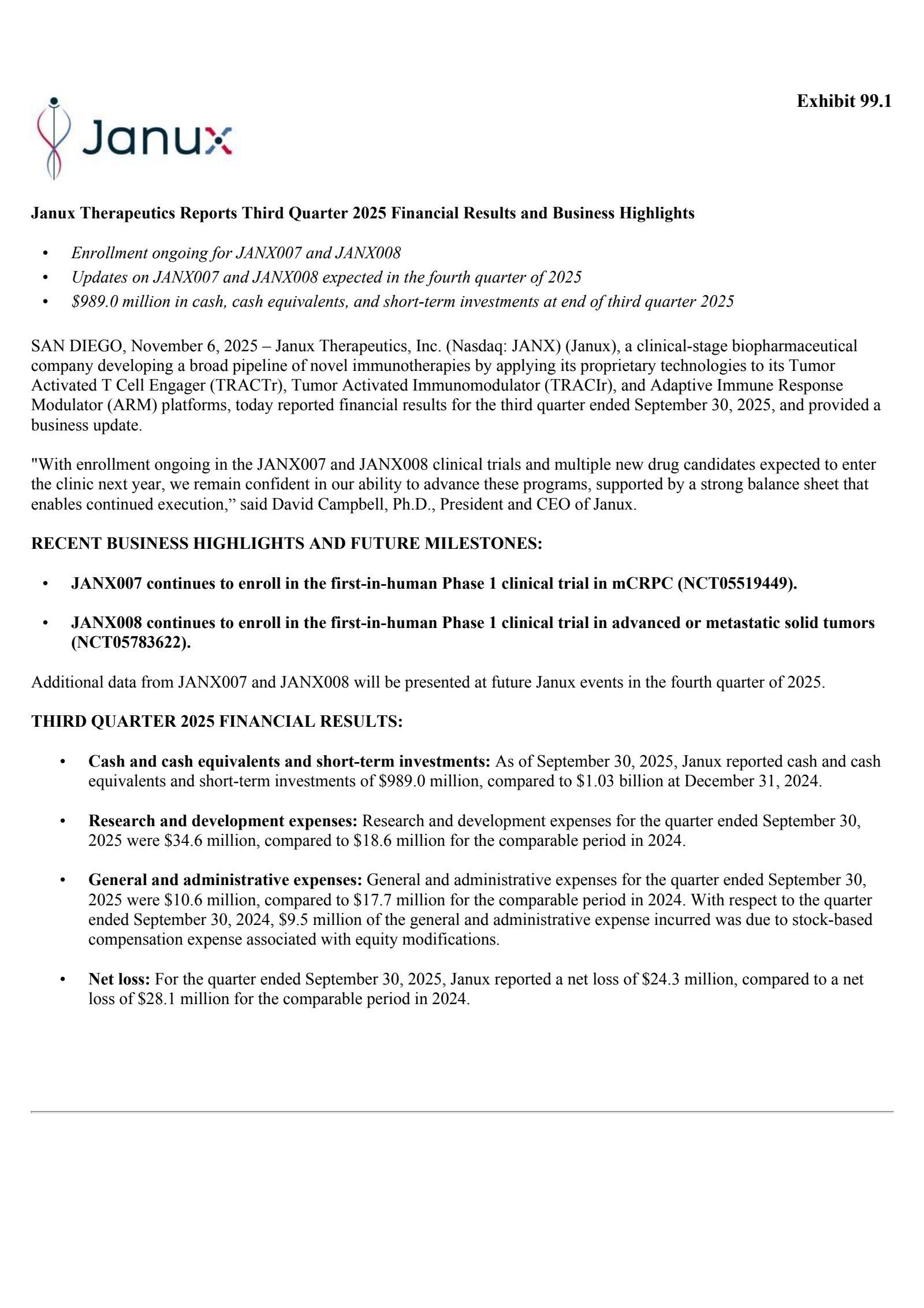 Janux Therapeutics' Q3 2025 Earnings Release