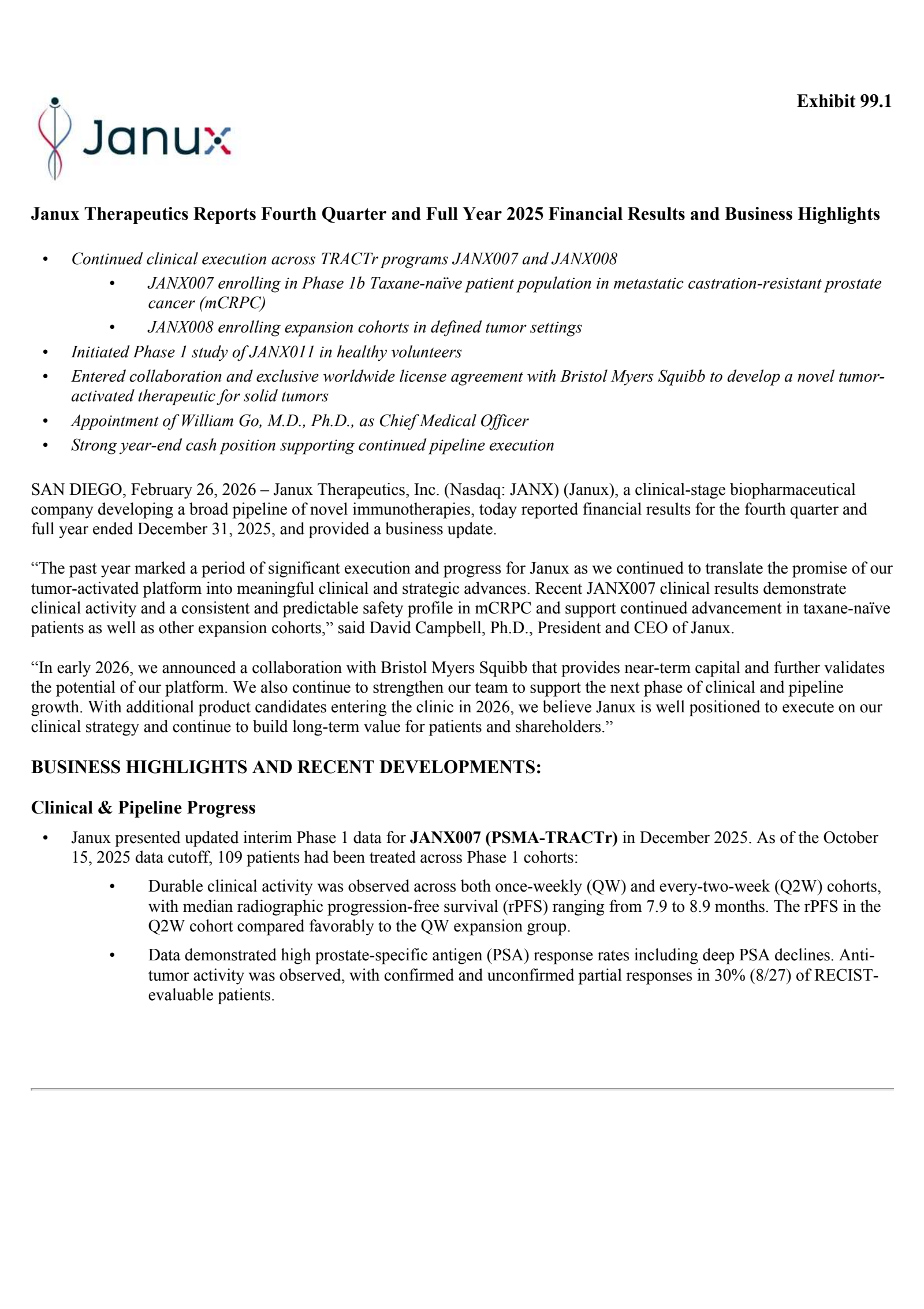Janux Therapeutics' Q4 2025 Press Release