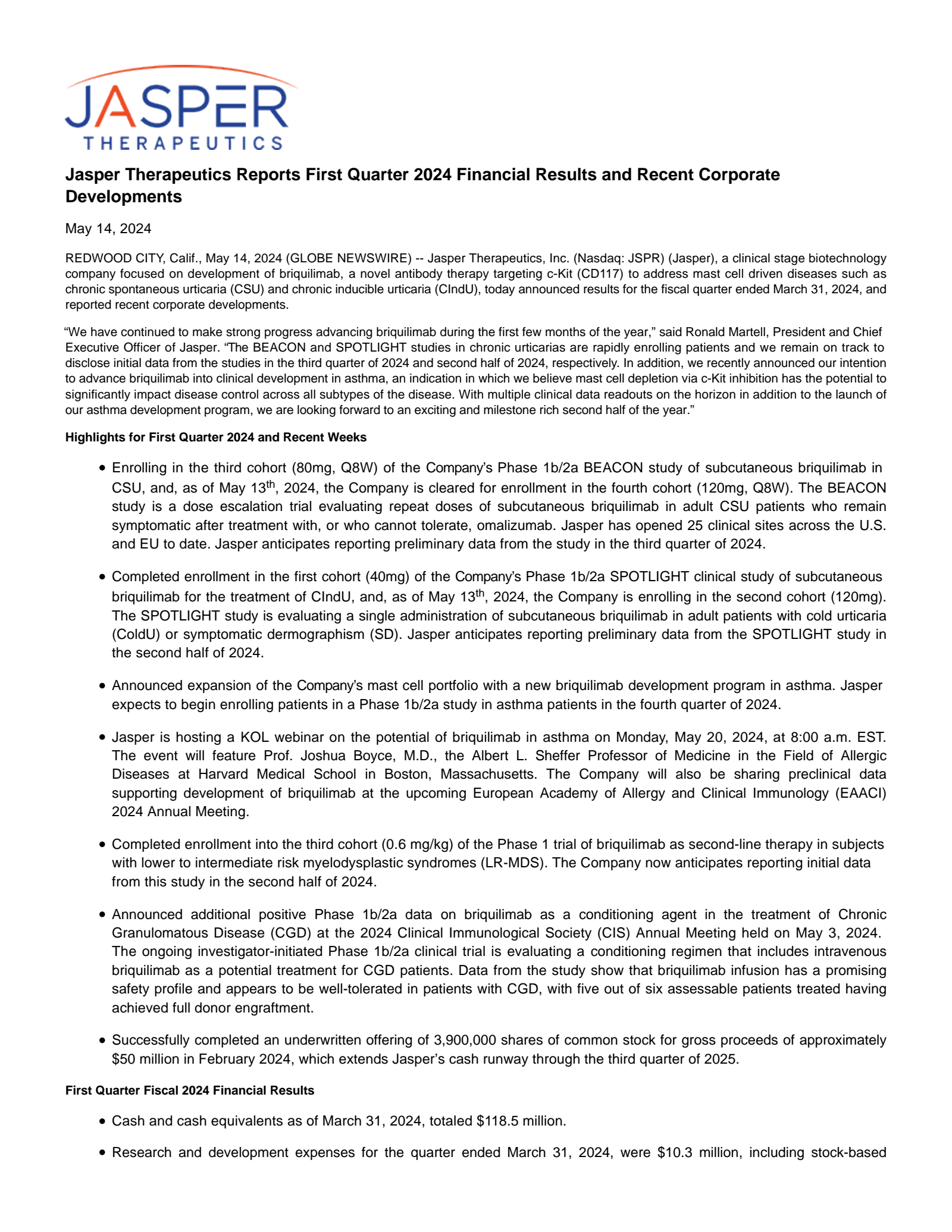 Jasper Therapeutics' Q1 2024 Press Release