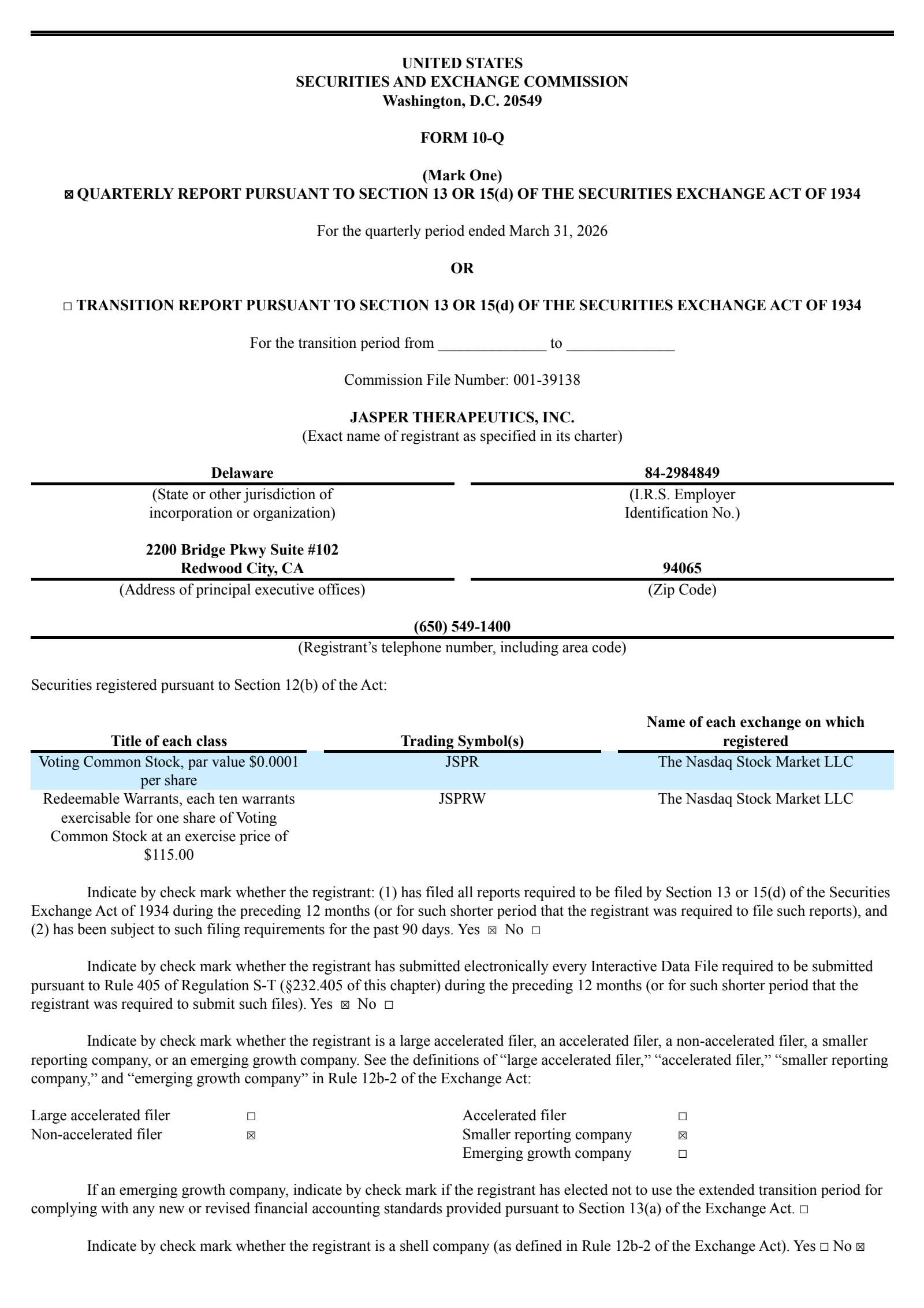 Jasper Therapeutics' Q1 2026 Quarterly report