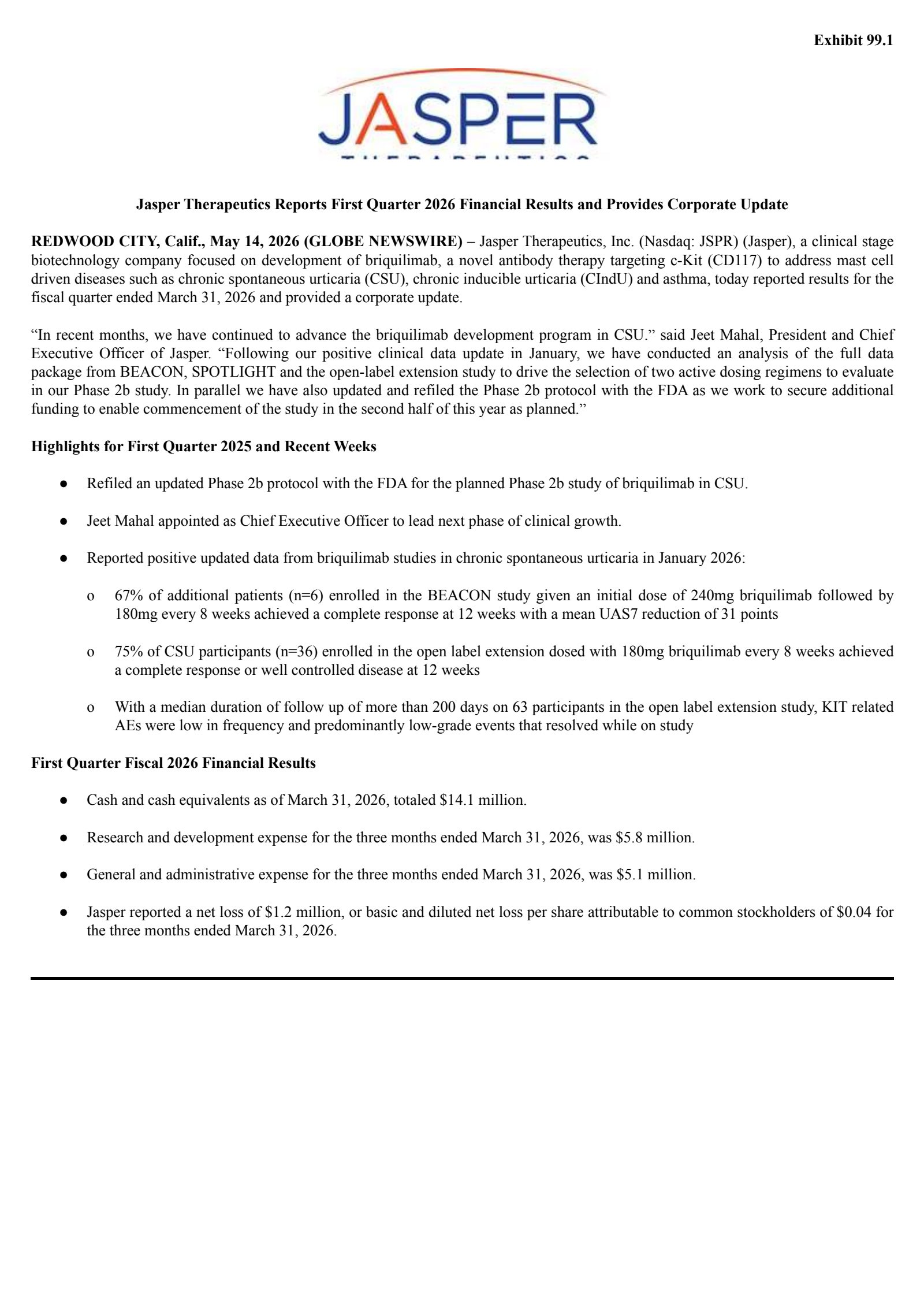 Jasper Therapeutics' Q1 2026 Press Release