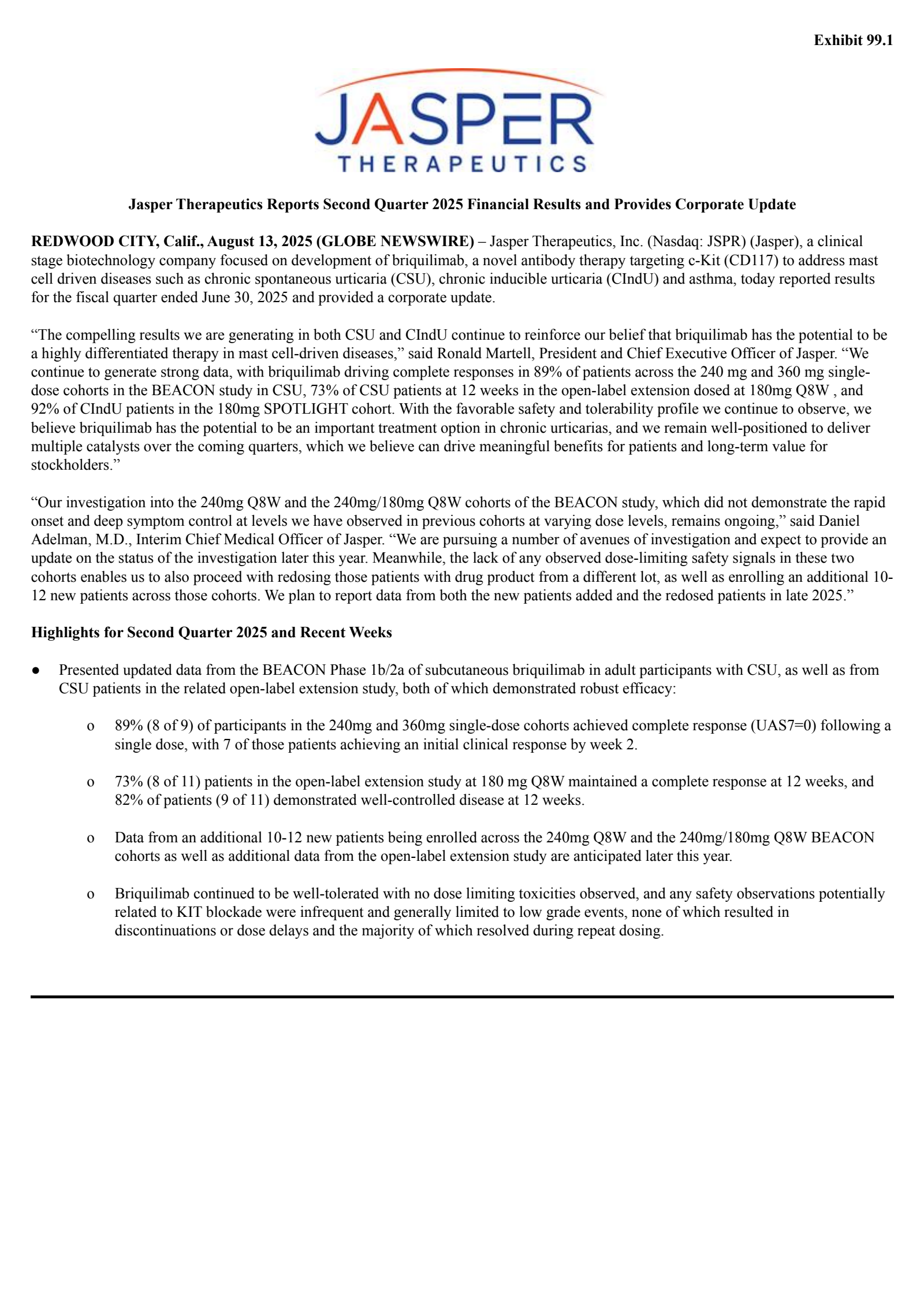 Jasper Therapeutics' Q2 2025 Press Release