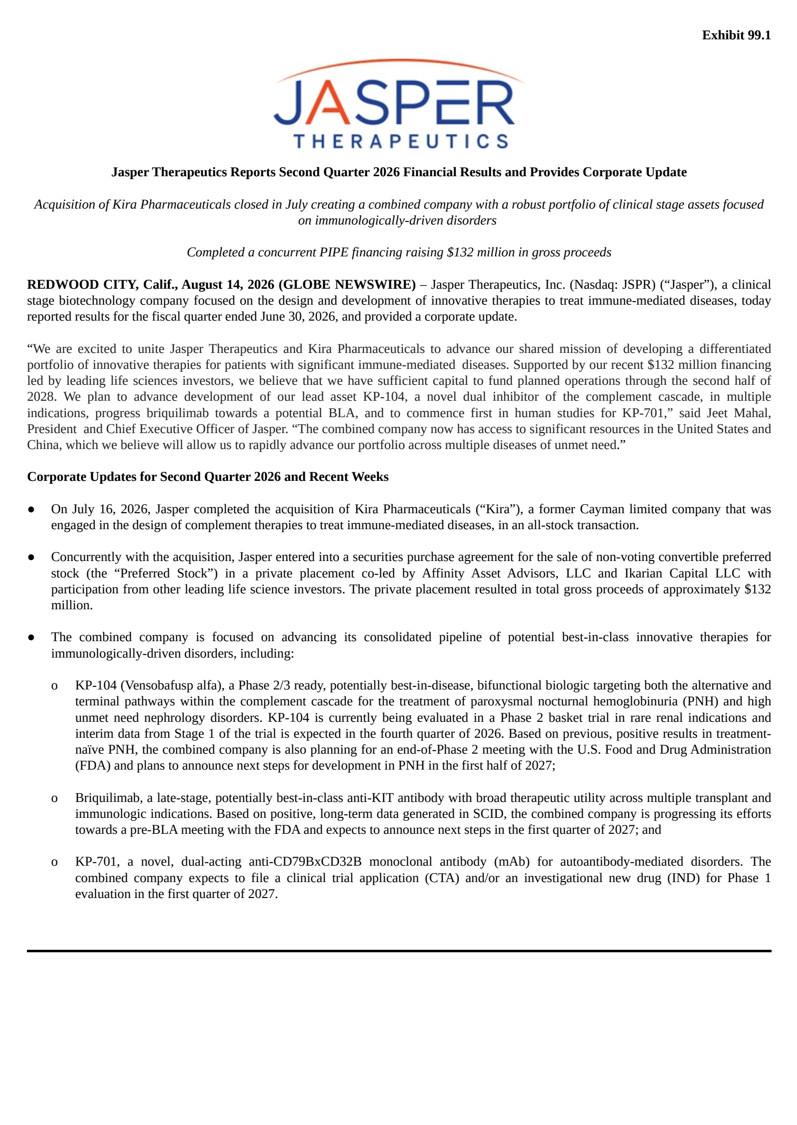 Jasper Therapeutics' Q2 2026 Press Release