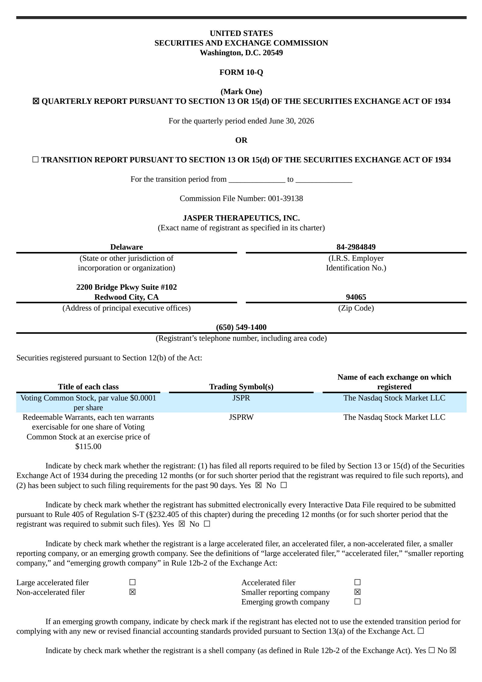 Jasper Therapeutics' Q2 2026 Quarterly report