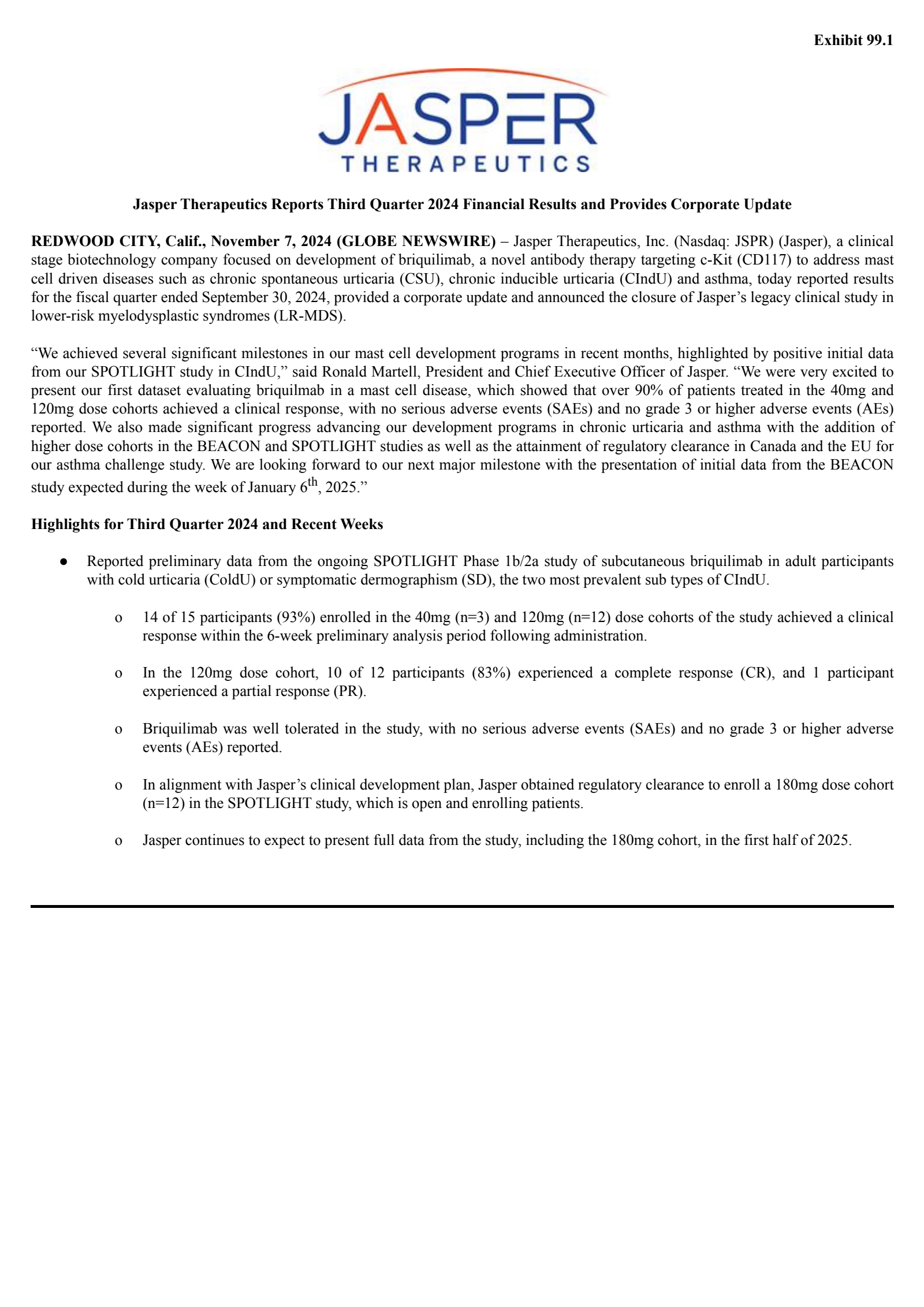 Jasper Therapeutics' Q3 2024 Press Release