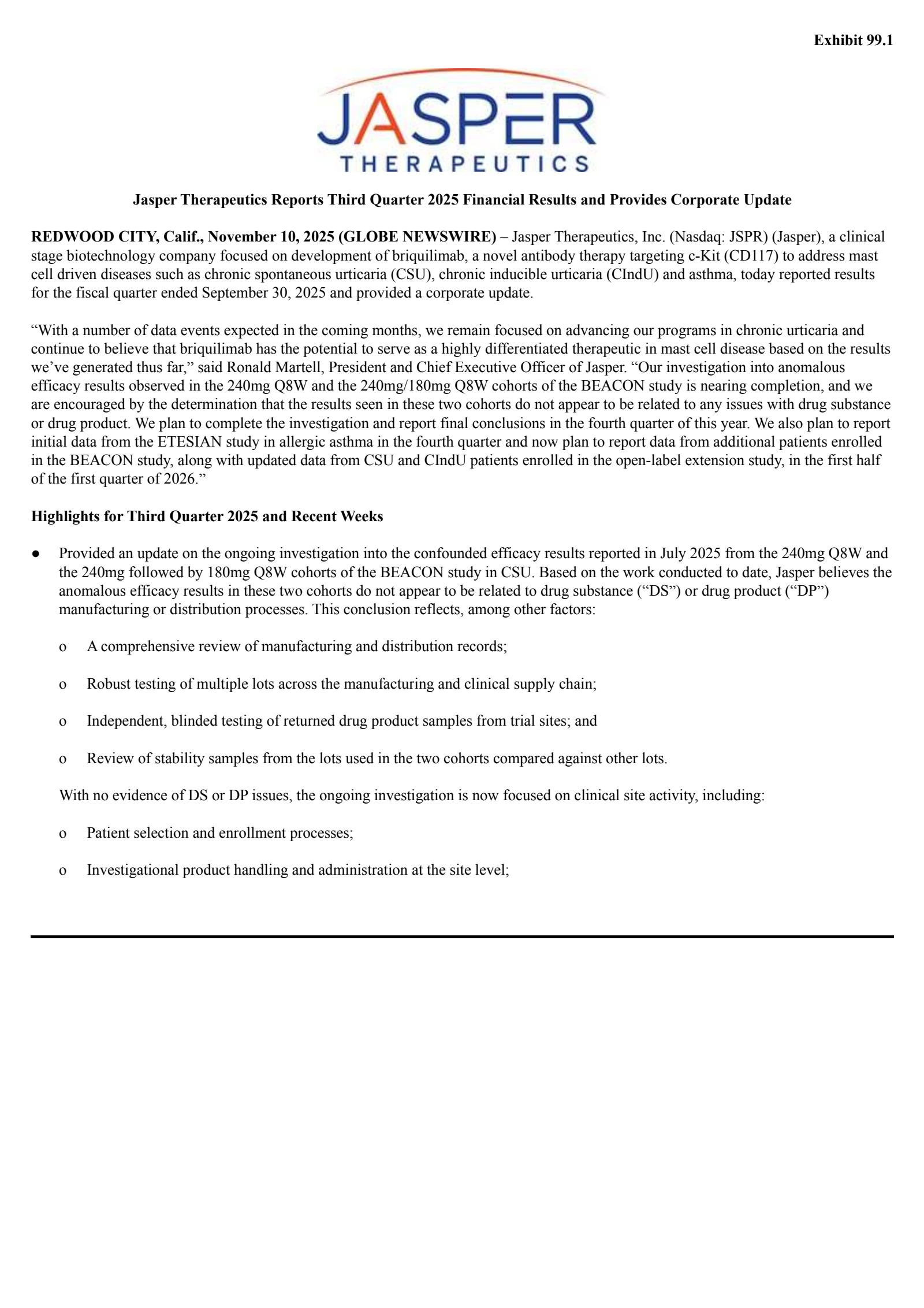 Jasper Therapeutics' Q3 2025 Earnings Release