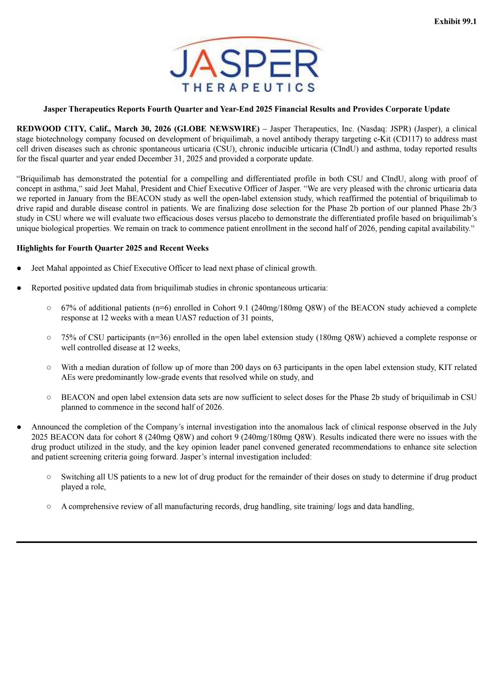 Jasper Therapeutics' Q4 2025 Press Release