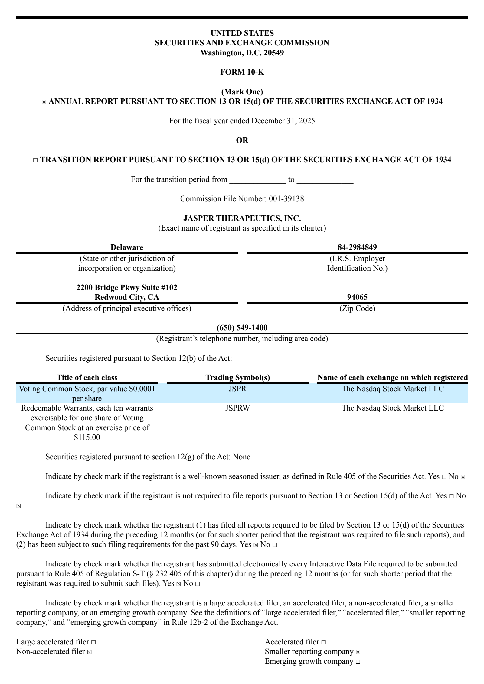 Jasper Therapeutics' Q4 2025 Annual report