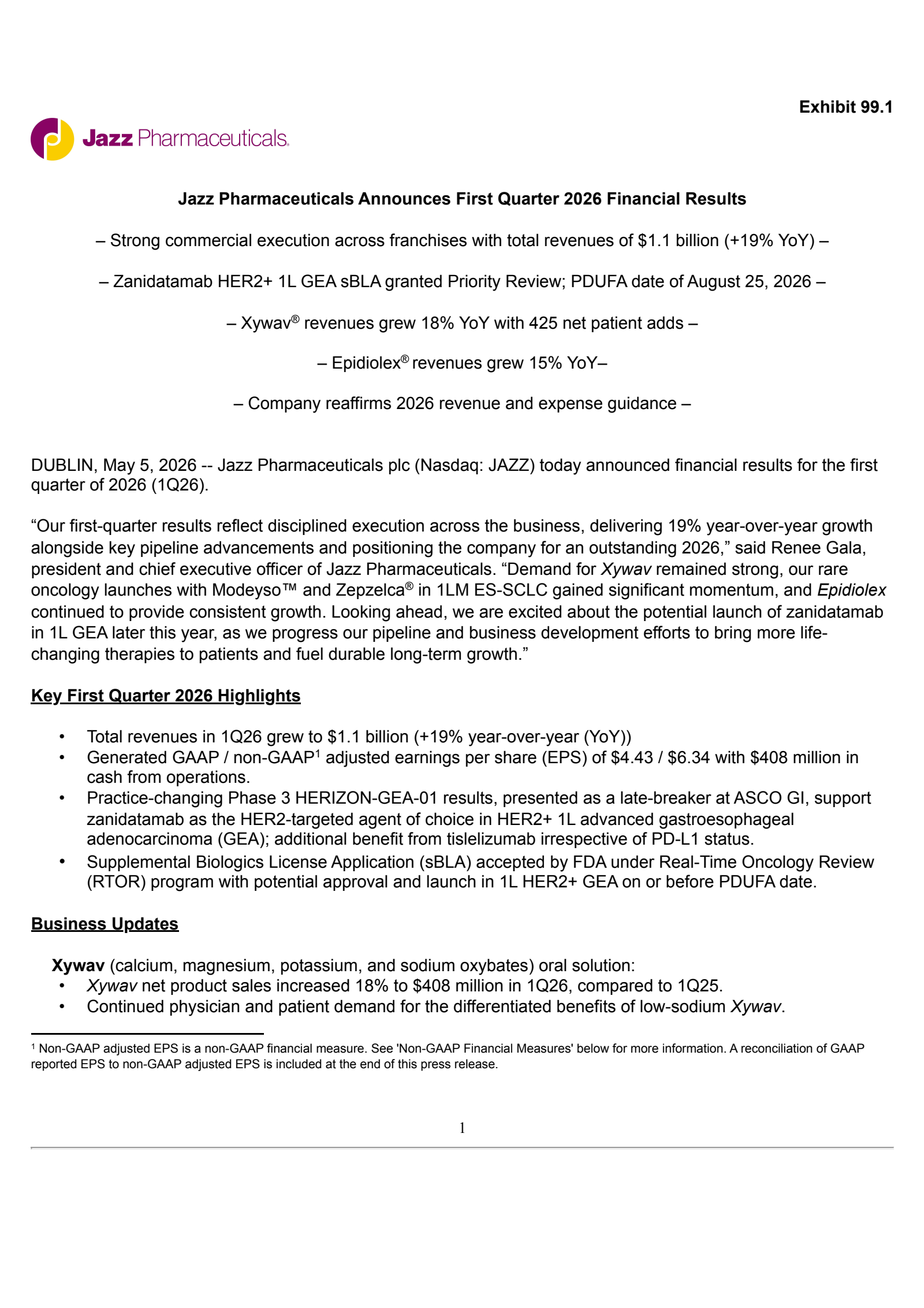 Jazz Pharmaceuticals' Q1 2026 Press Release
