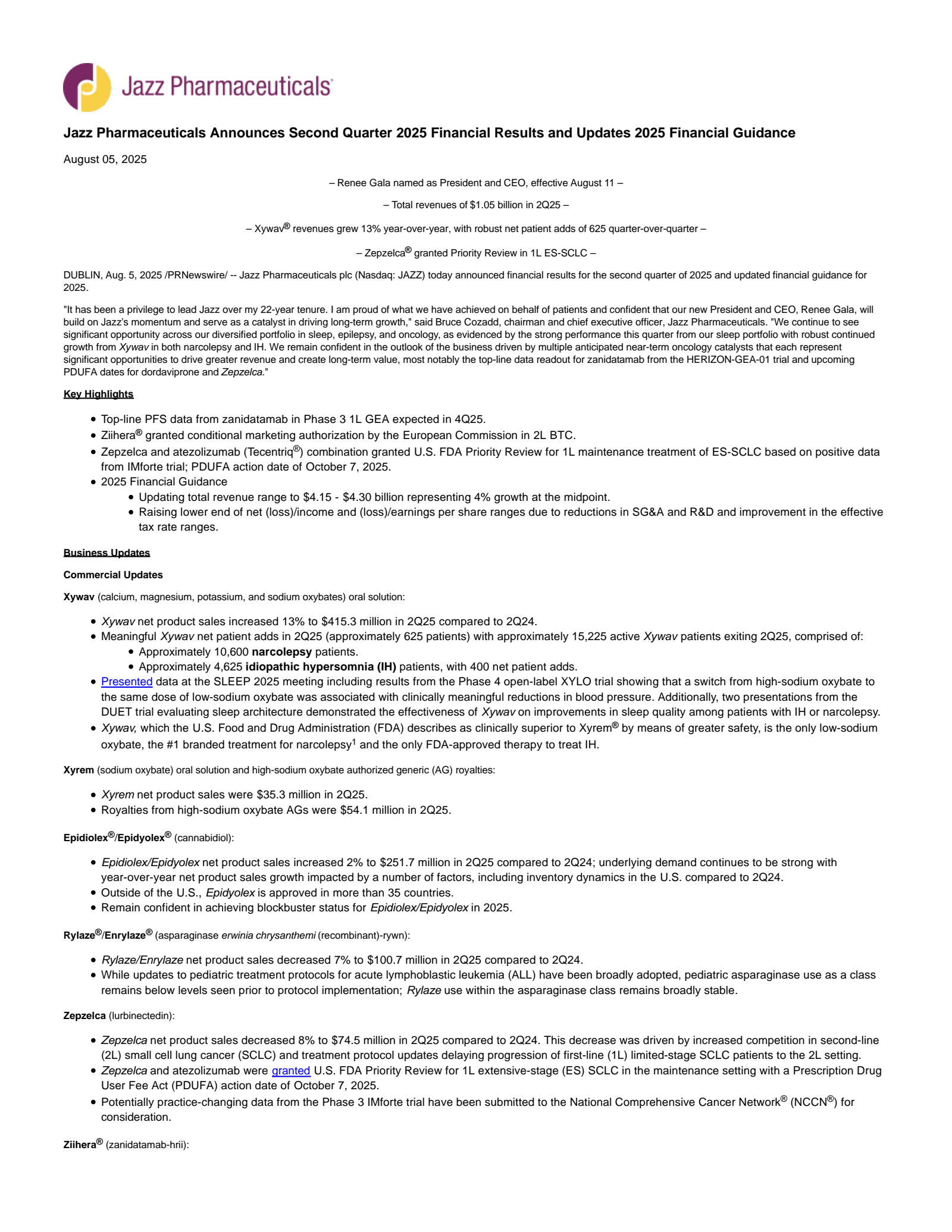 Jazz Pharmaceuticals' Q2 2025 Press Release