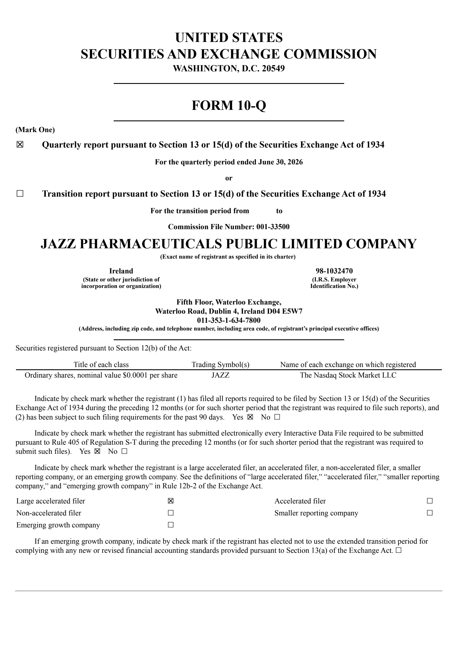 Jazz Pharmaceuticals' Q2 2026 Quarterly report