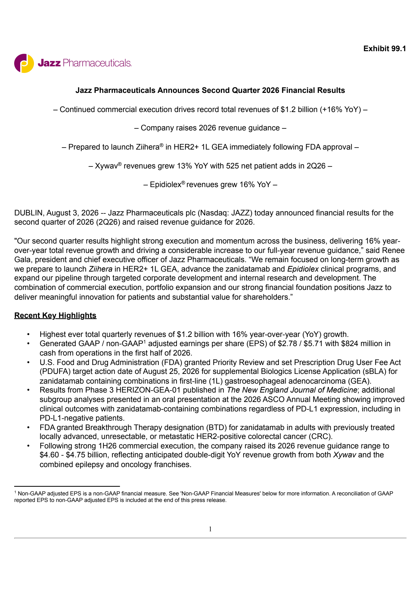 Jazz Pharmaceuticals' Q2 2026 Press Release