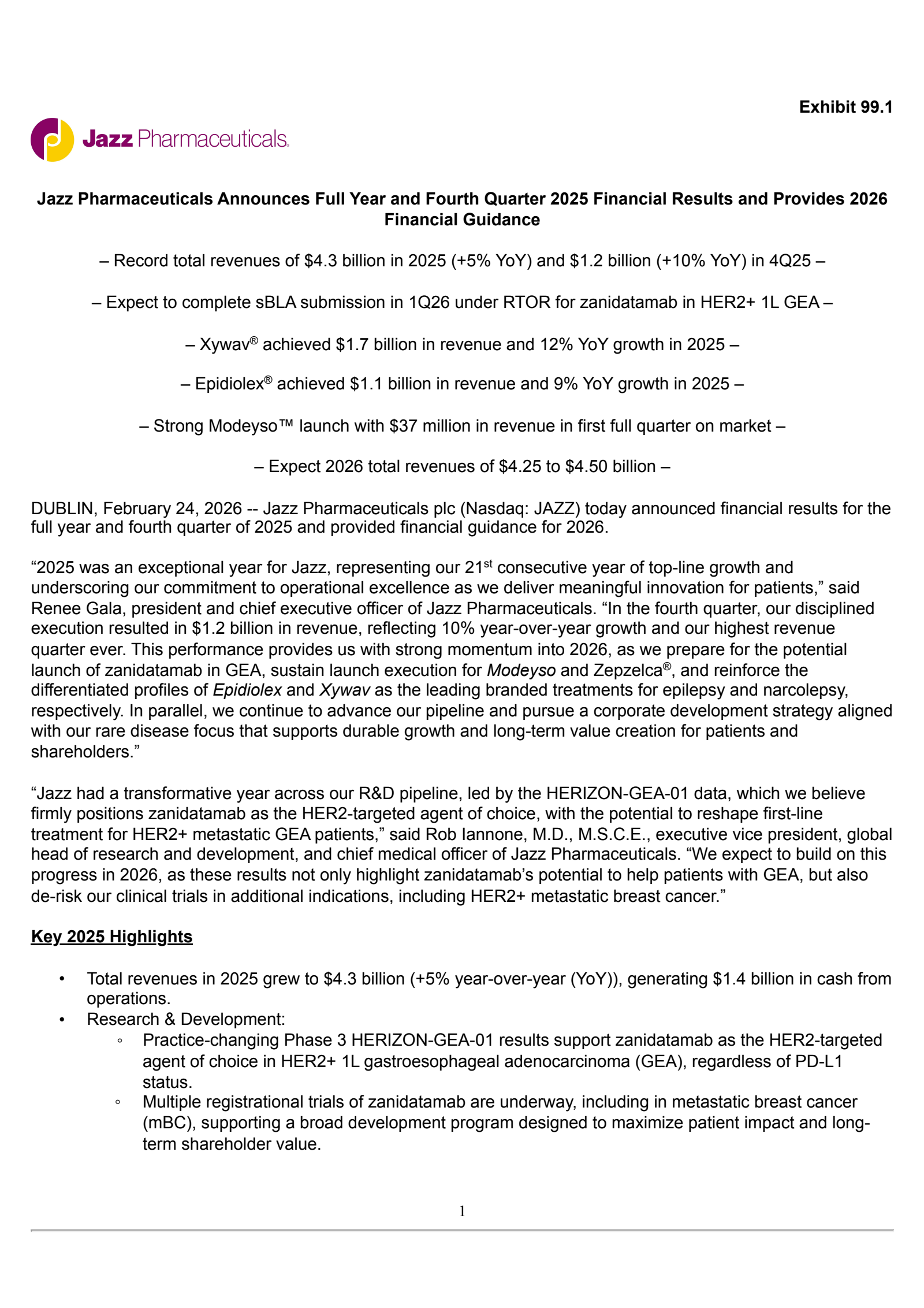 Jazz Pharmaceuticals' Q4 2025 Press Release