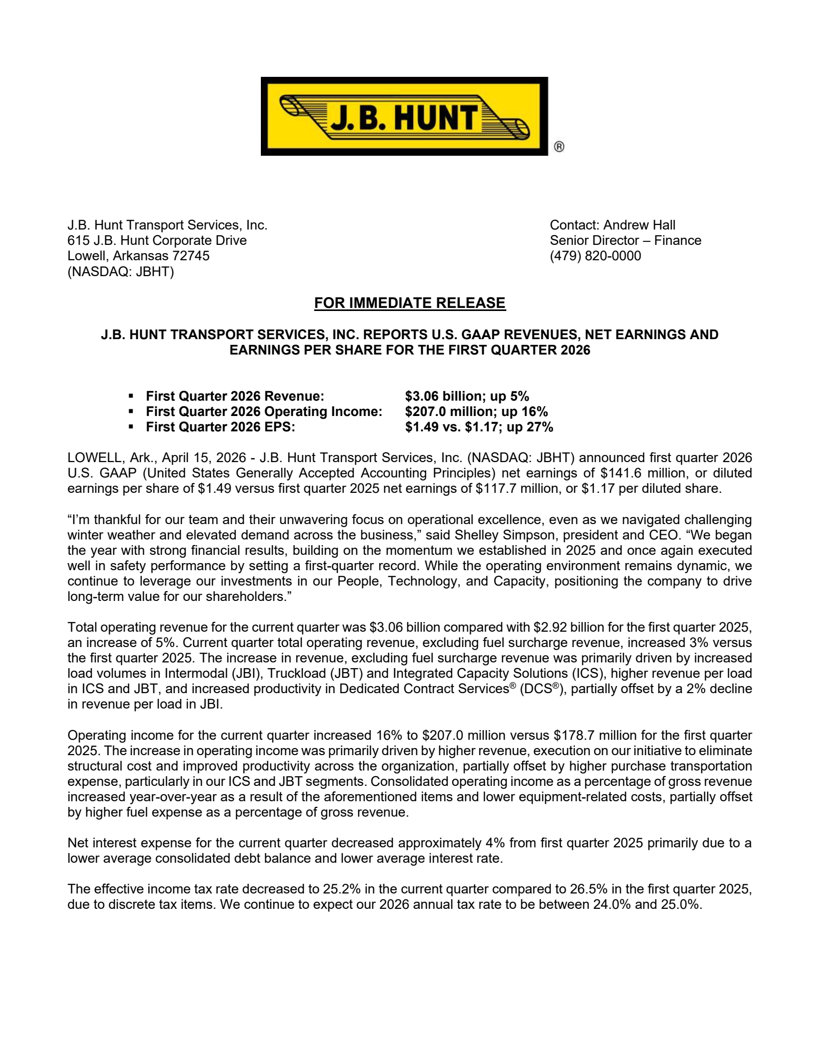 J.B. Hunt Transport Services' Q1 2026 Press Release