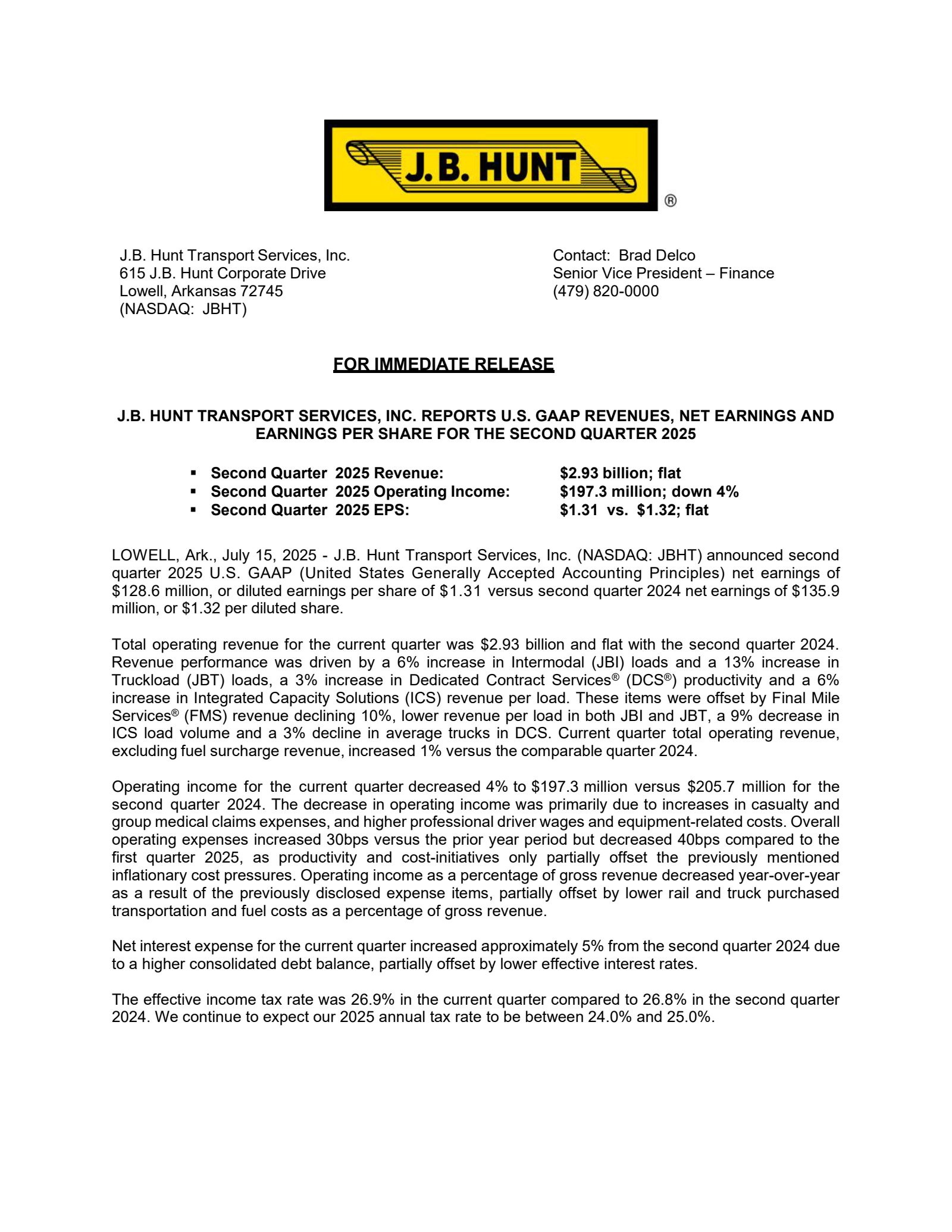 J.B. Hunt Transport Services' Q2 2025 Press Release