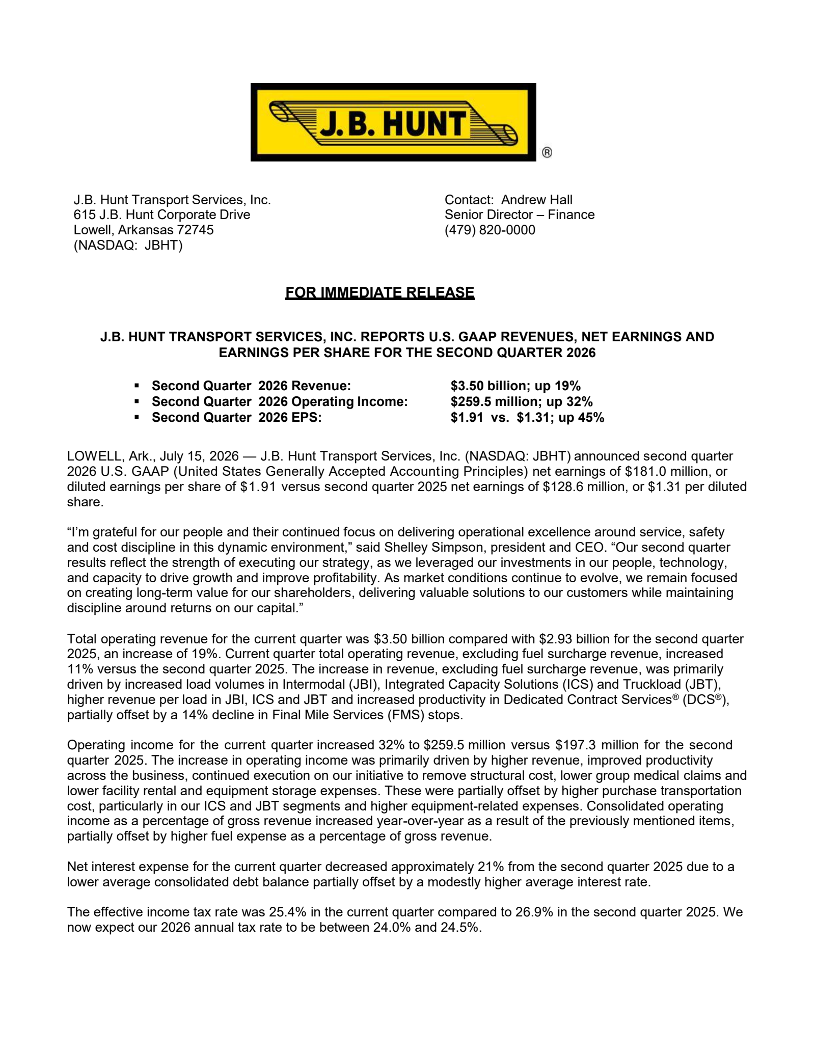 J.B. Hunt Transport Services' Q2 2026 Press Release