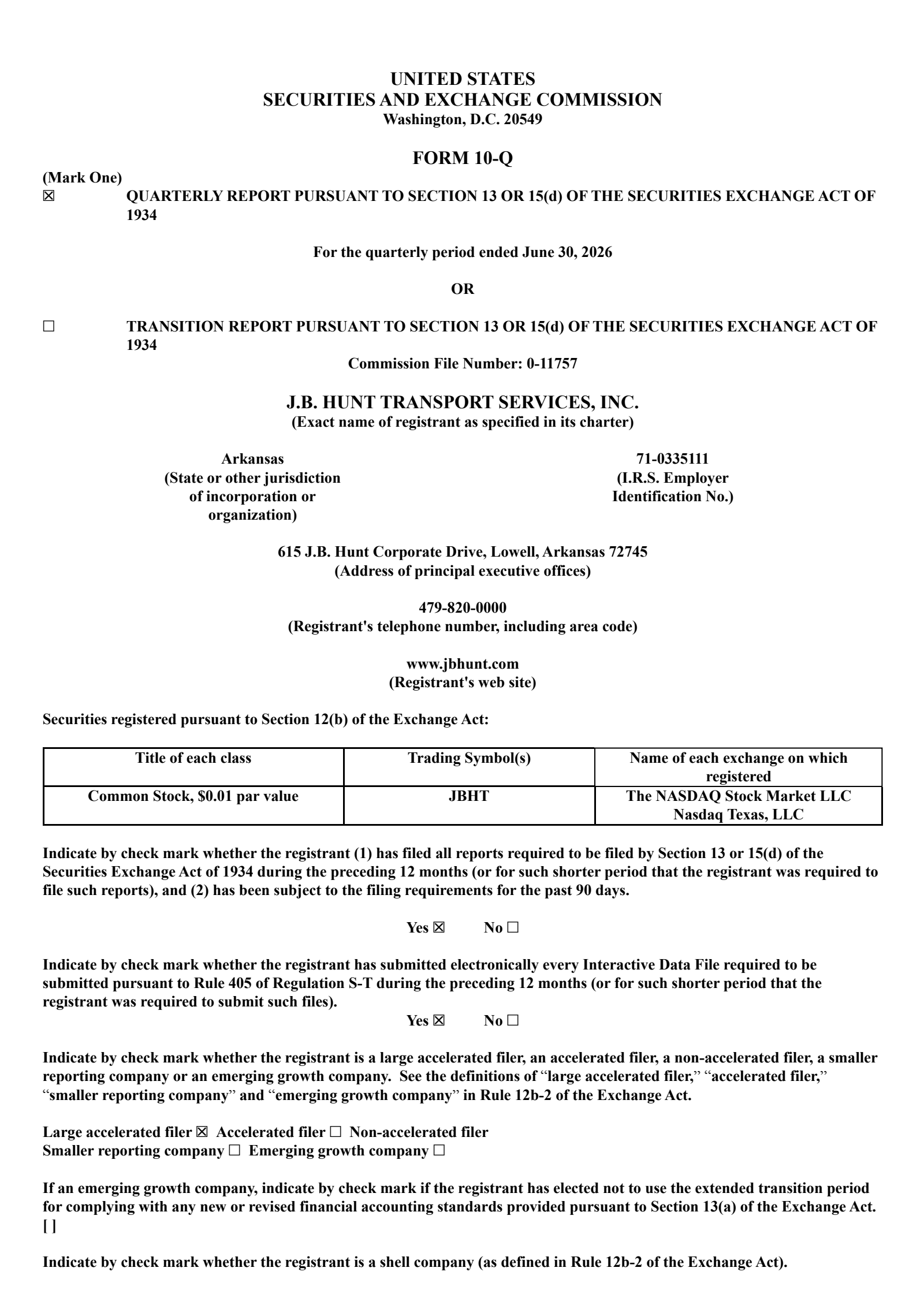 J.B. Hunt Transport Services' Q2 2026 Quarterly report