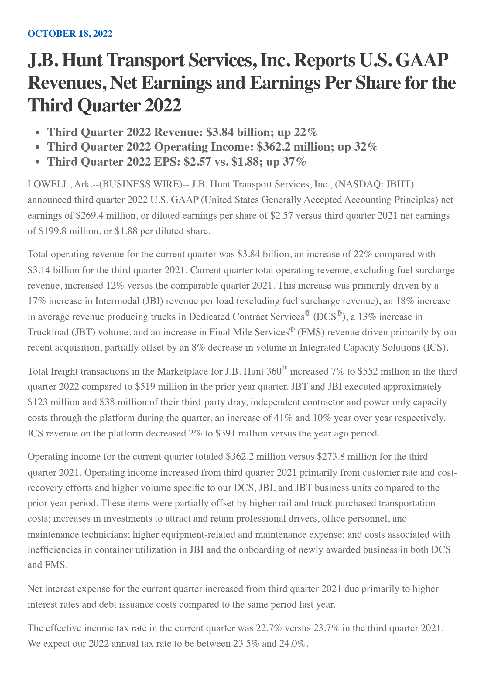 J.B. Hunt Transport Services' Q3 2022 Earnings Release