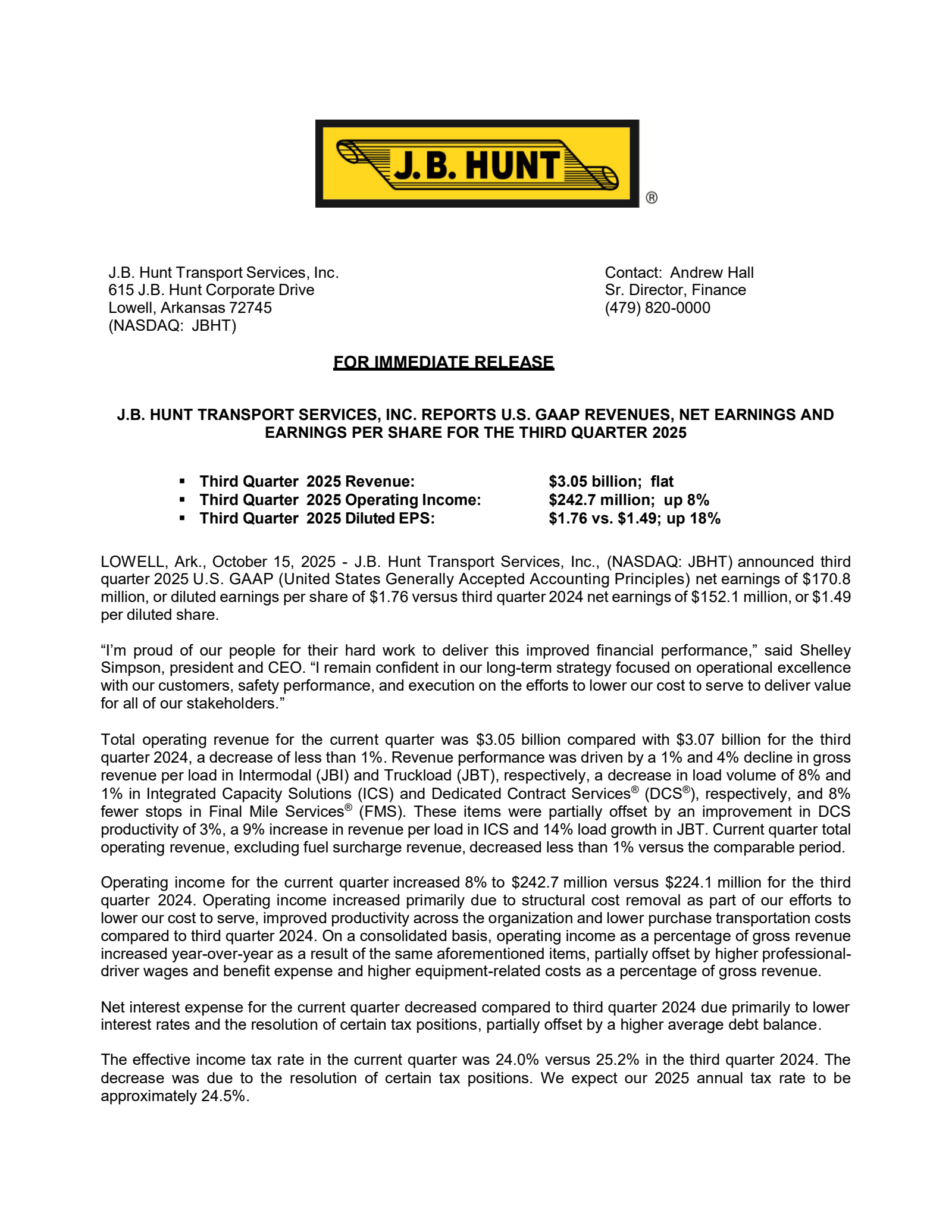 J.B. Hunt Transport Services' Q3 2025 Earnings Release