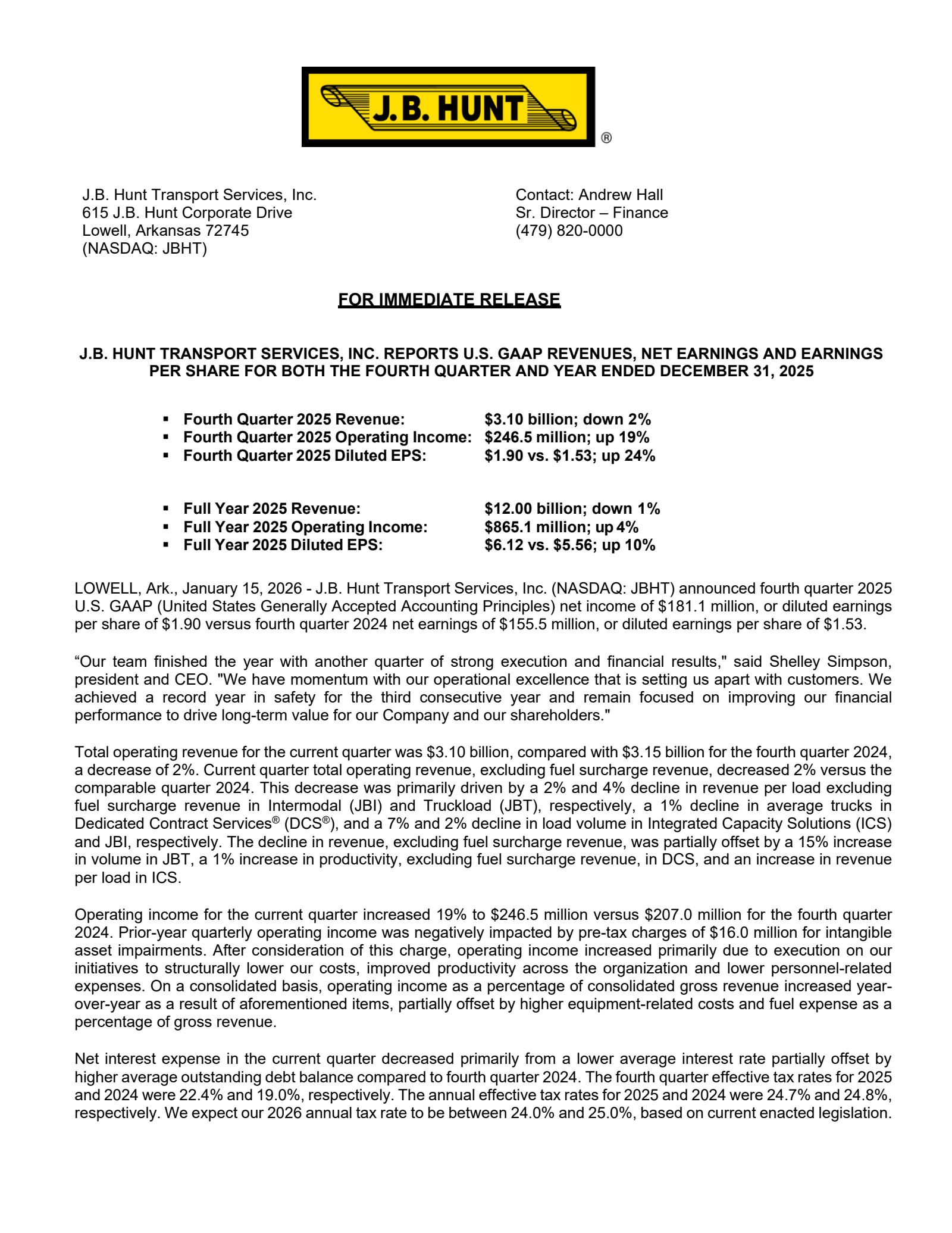 J.B. Hunt Transport Services' Q4 2025 Press Release