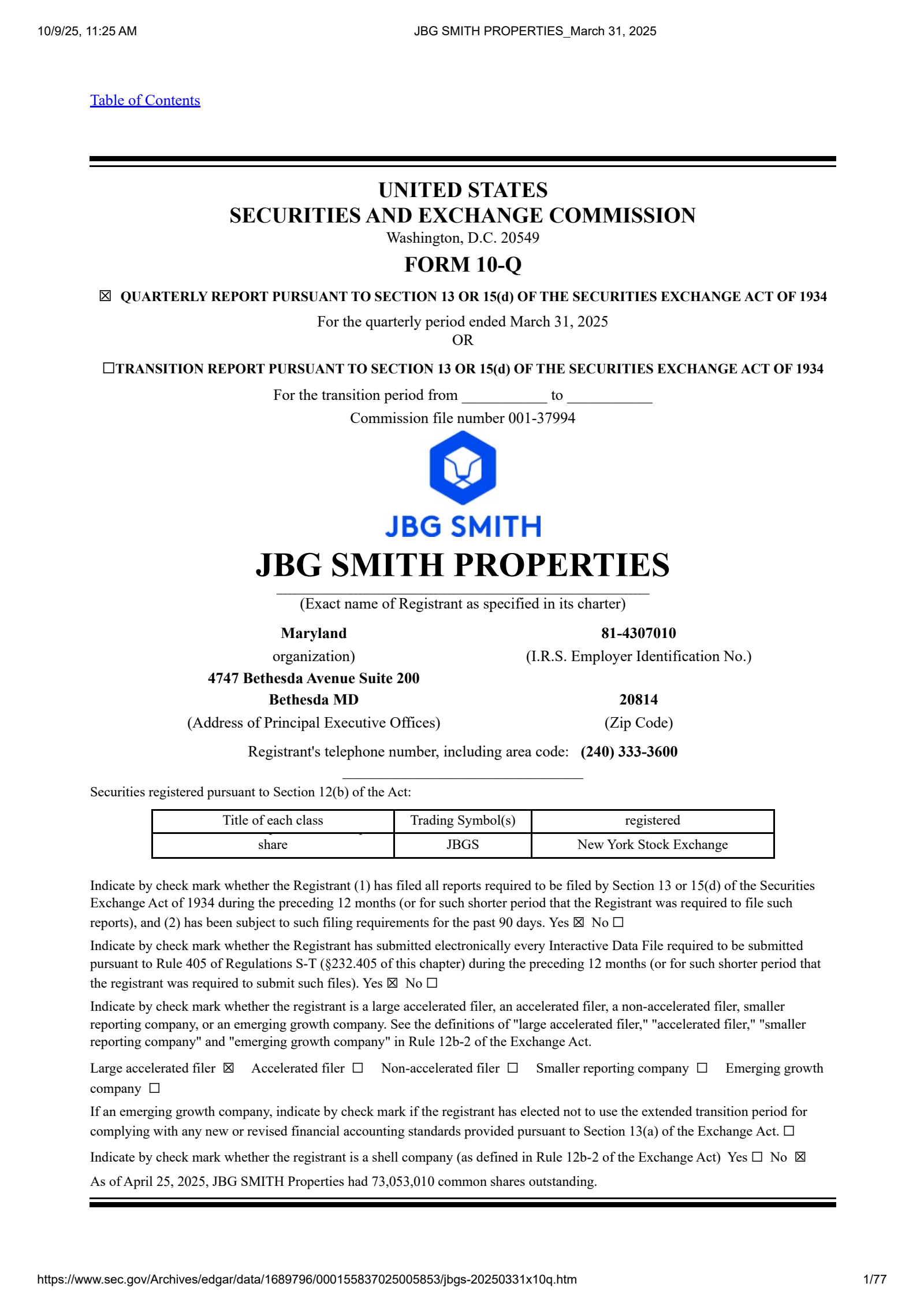 JBG SMITH Properties' Q1 2025 Quarterly Report