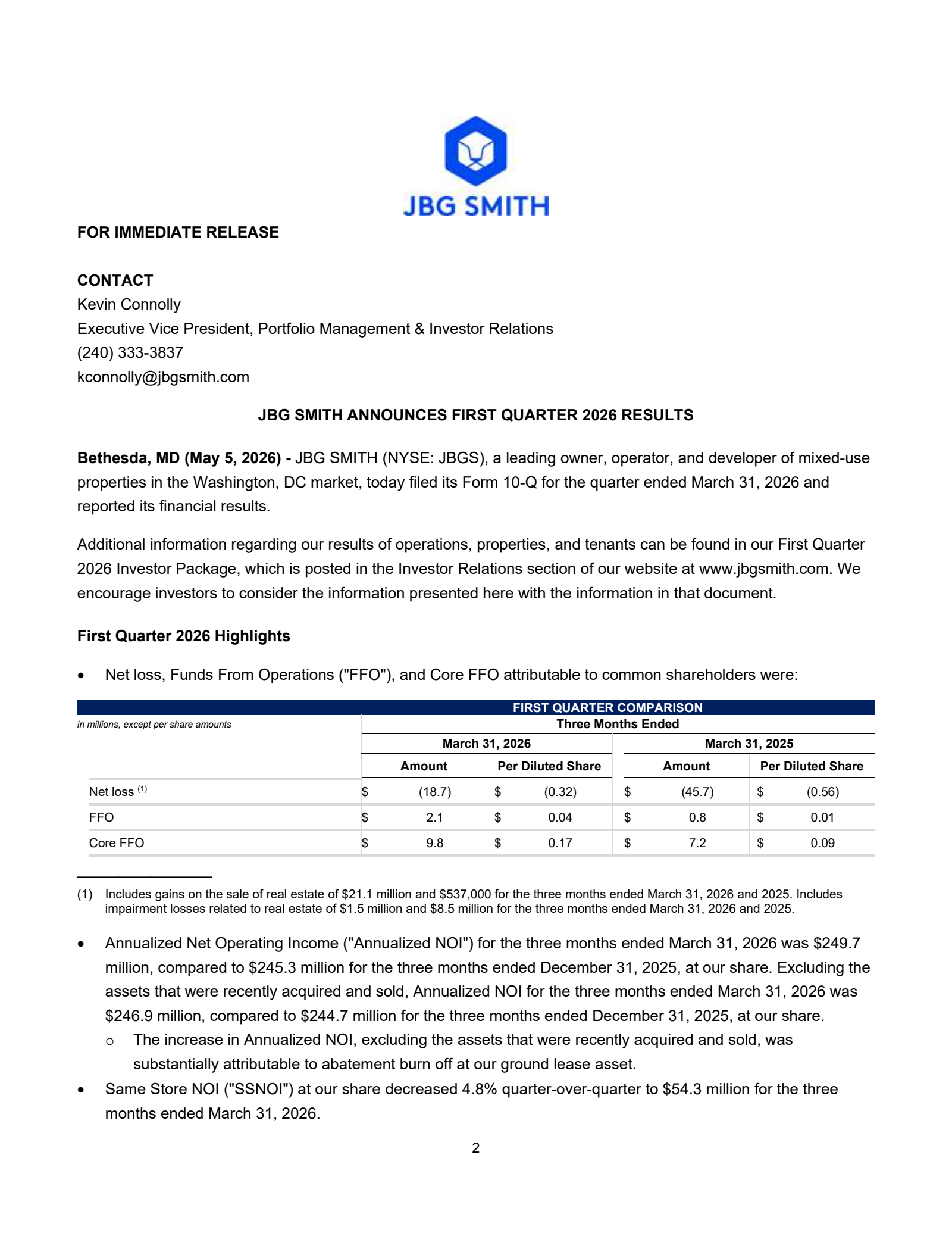 JBG SMITH Properties' Q1 2026 Press Release