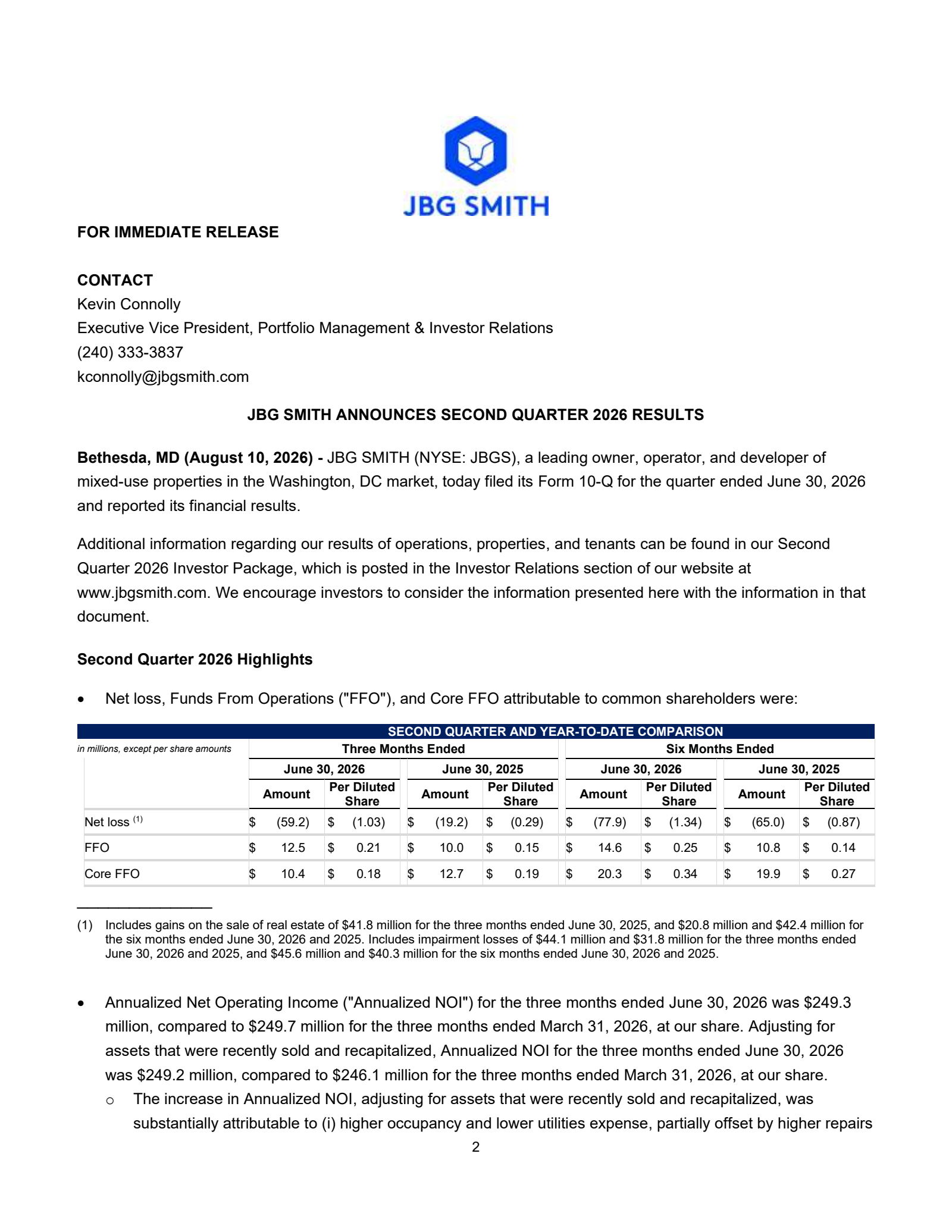 JBG SMITH Properties' Q2 2026 Press Release