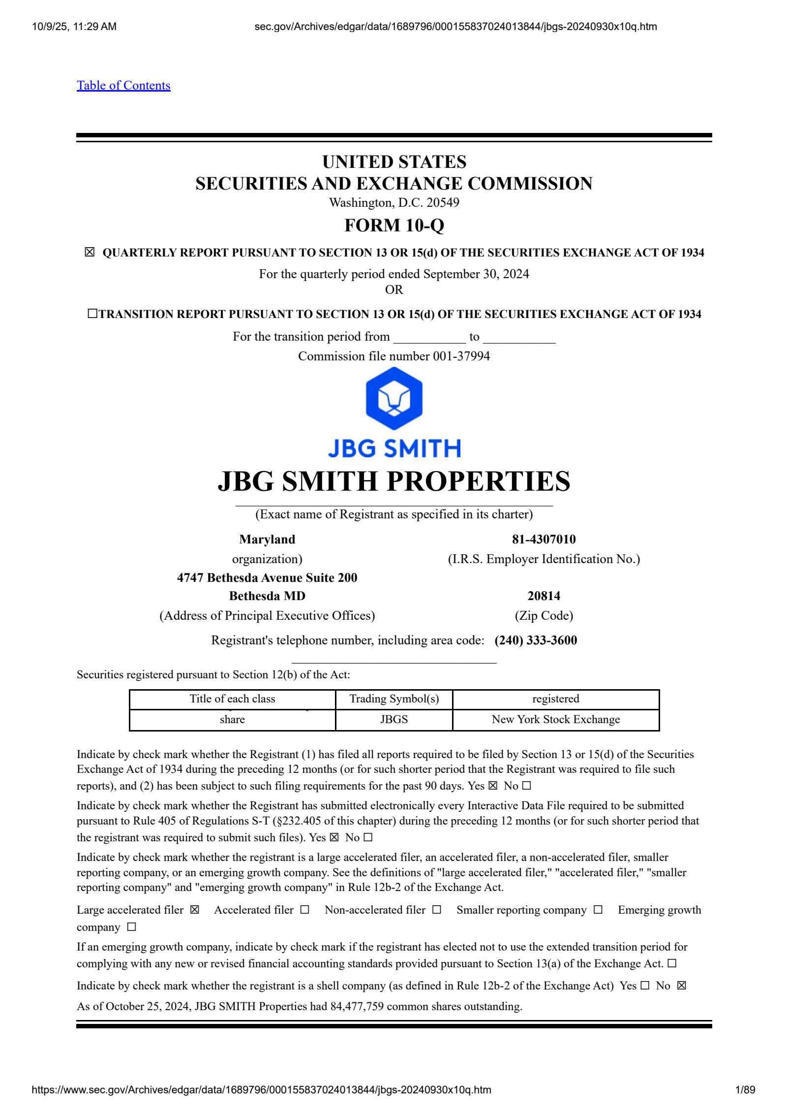 JBG SMITH Properties' Q3 2024 Quarterly Report