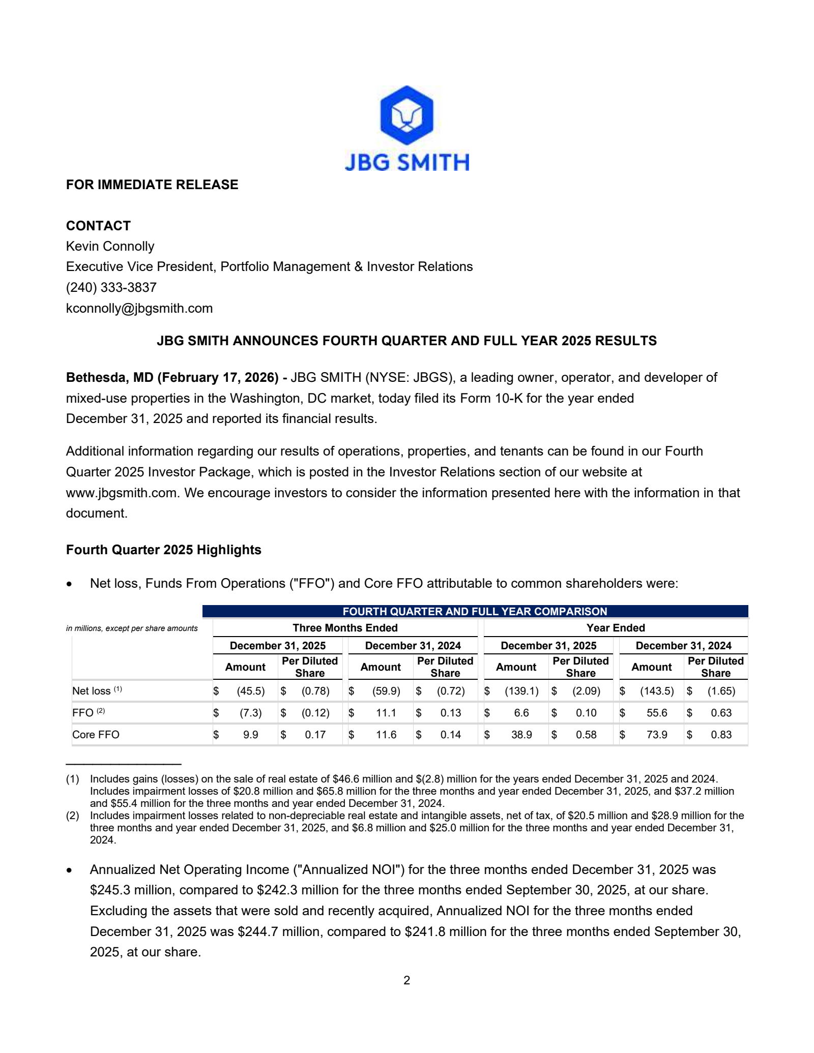 JBG SMITH Properties' Q4 2025 Press Release