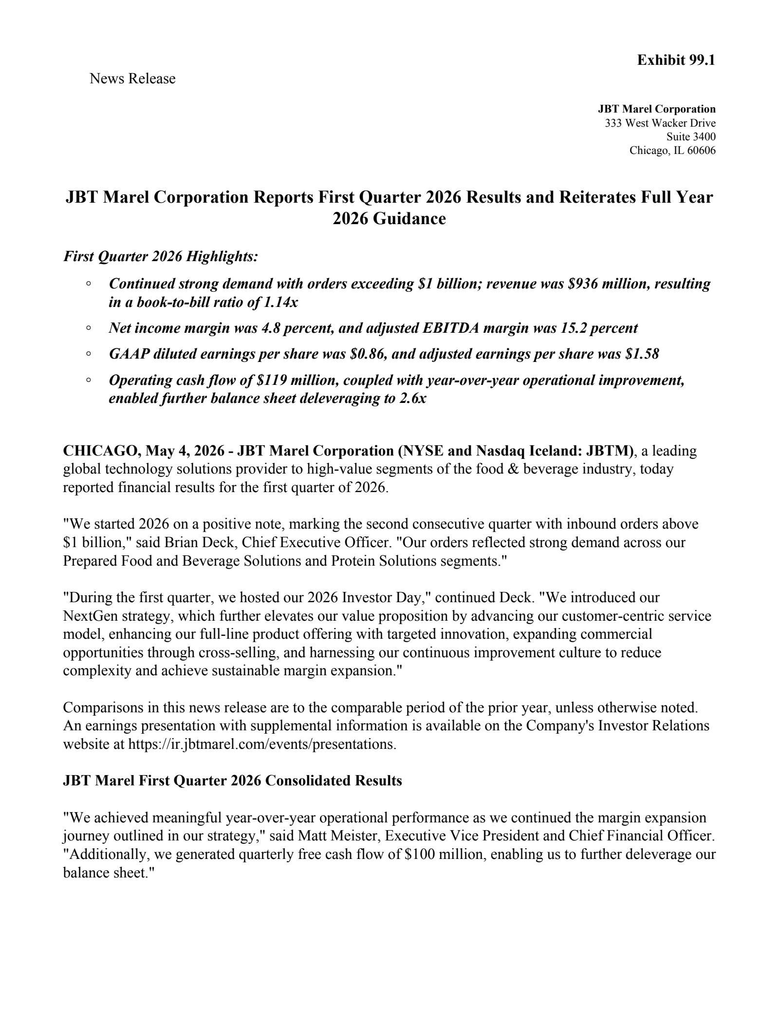 JBT Marel's Q1 2026 Press Release