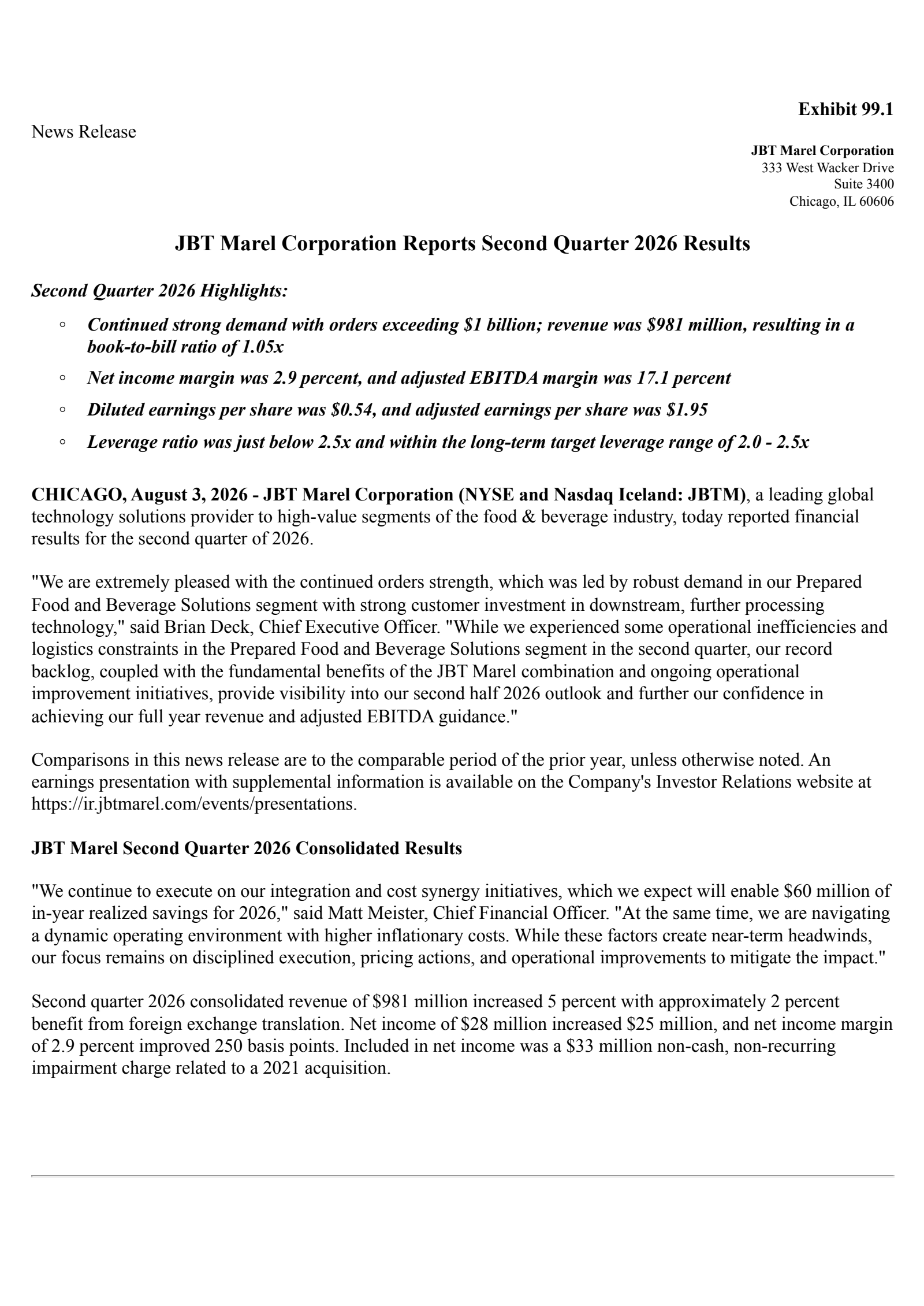 JBT Marel's Q2 2026 Press Release