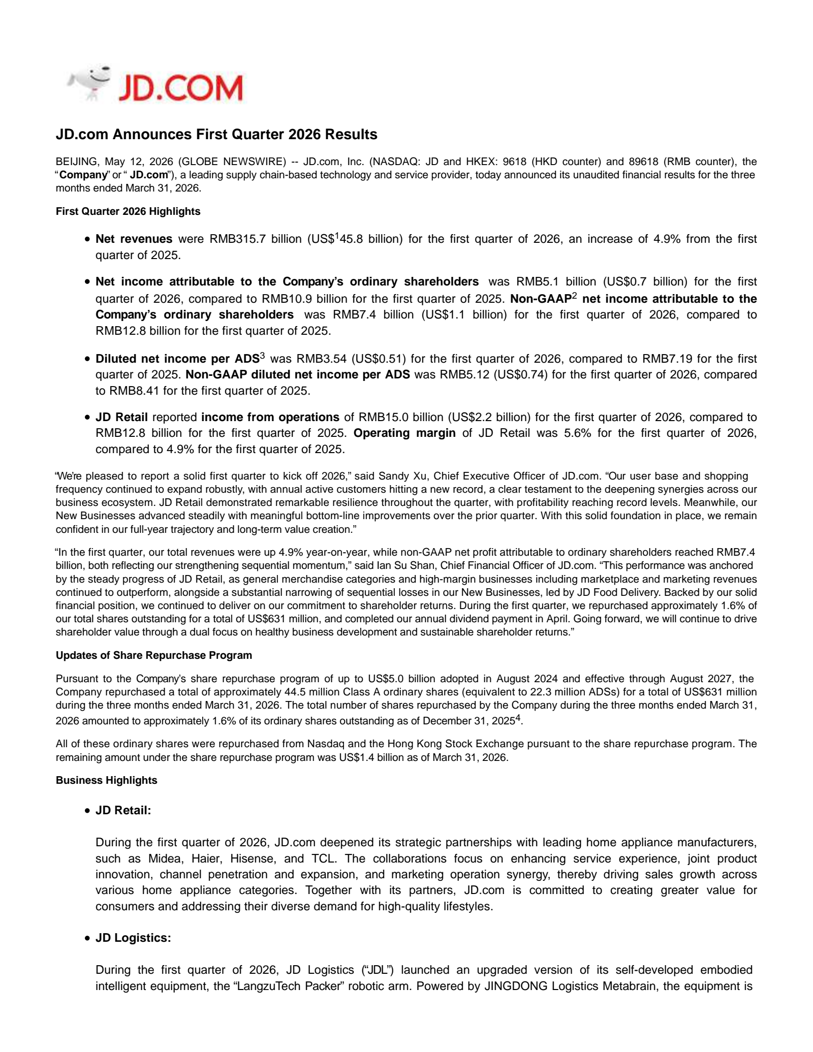 JD.com's Q1 2026 Press Release