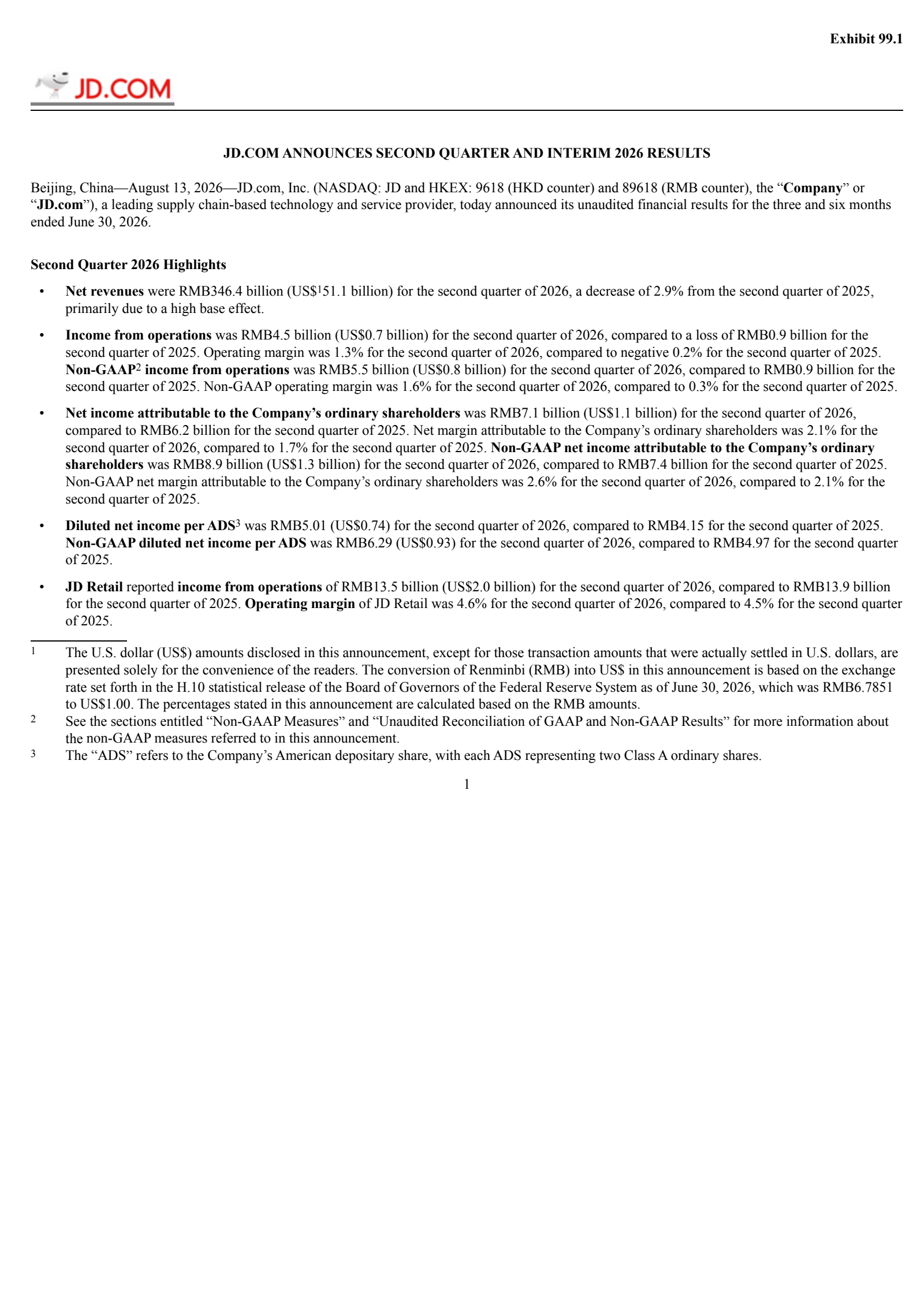 JD.com's Q2 2026 Press Release