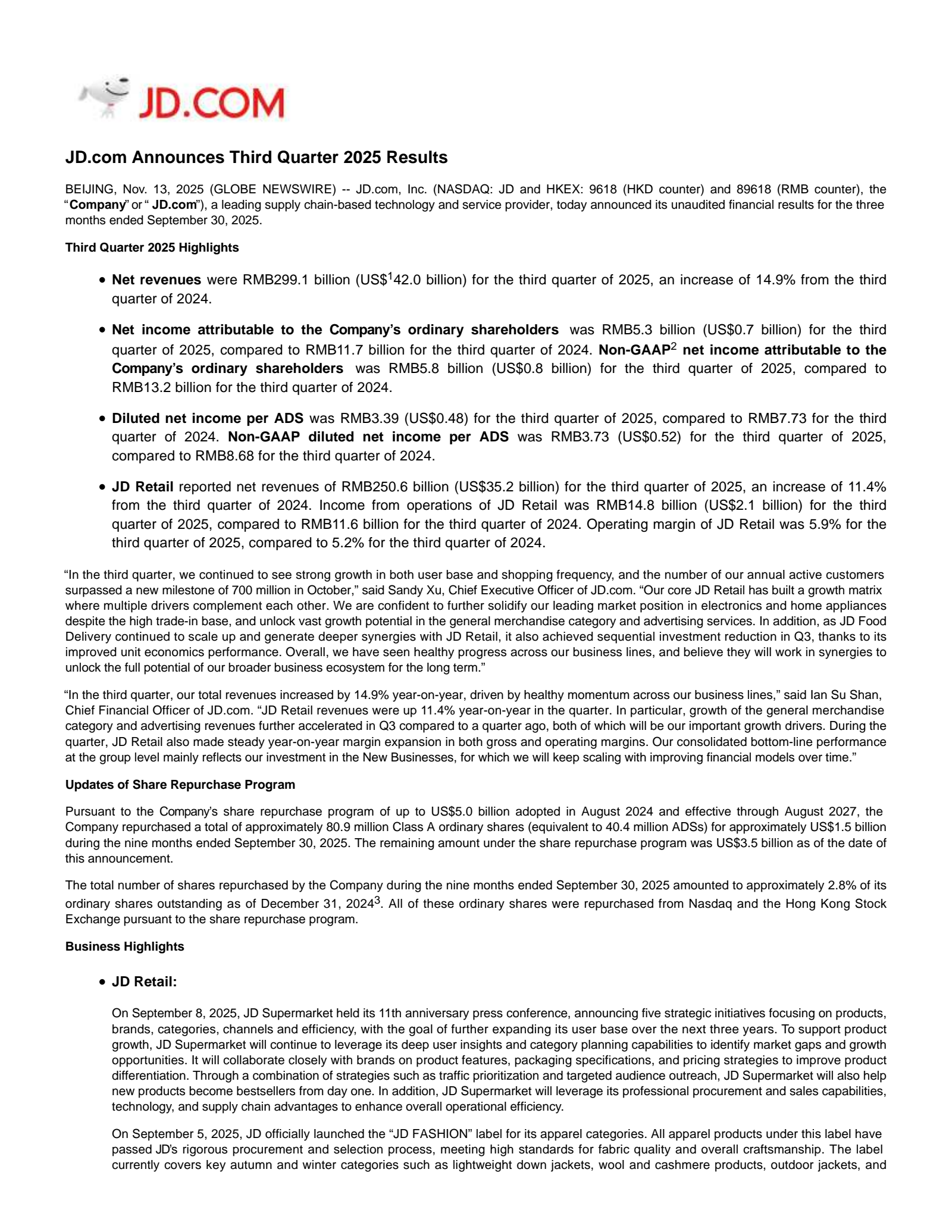 JD.com's Q3 2025 Earnings Release