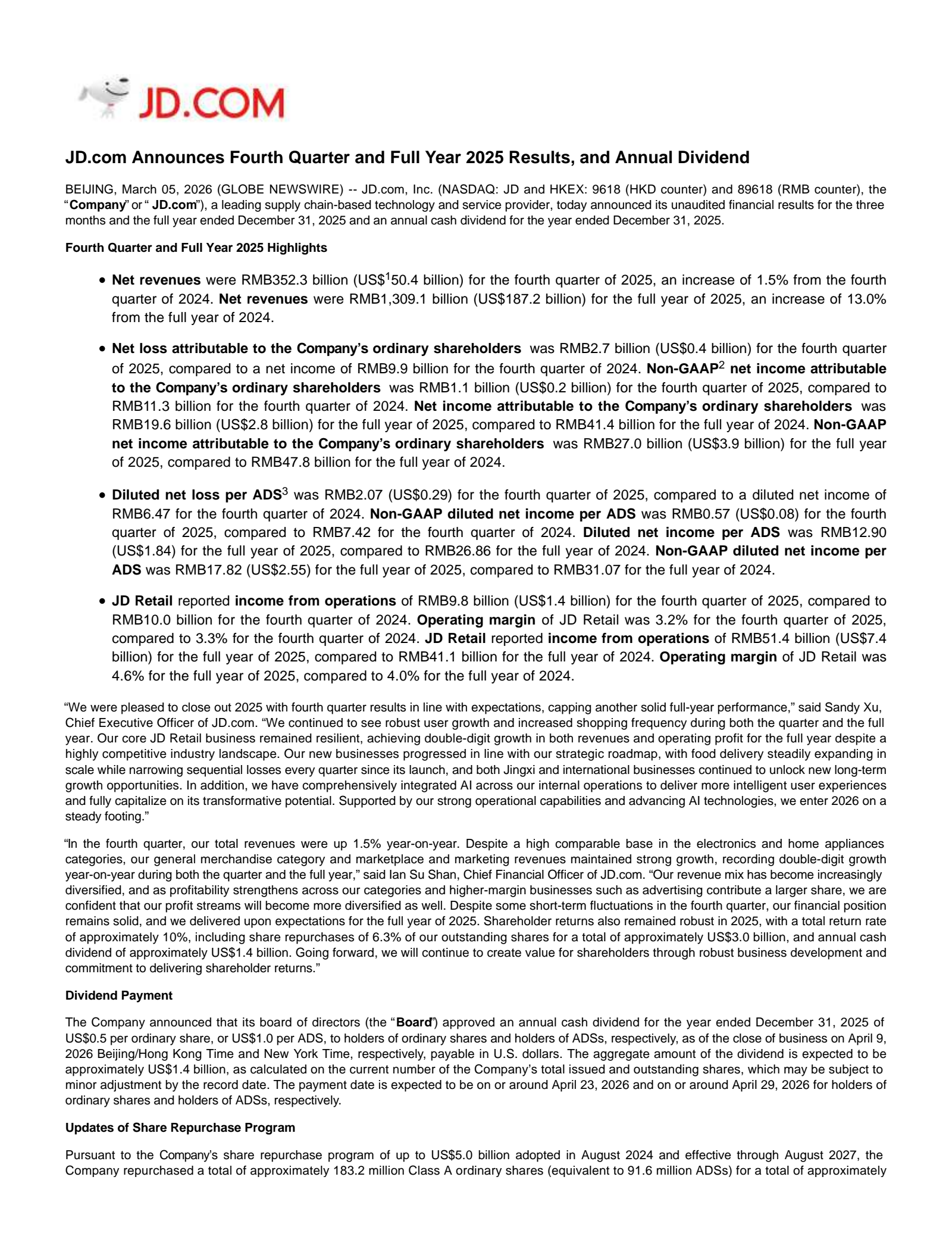 JD.com's Q4 2025 Press Release