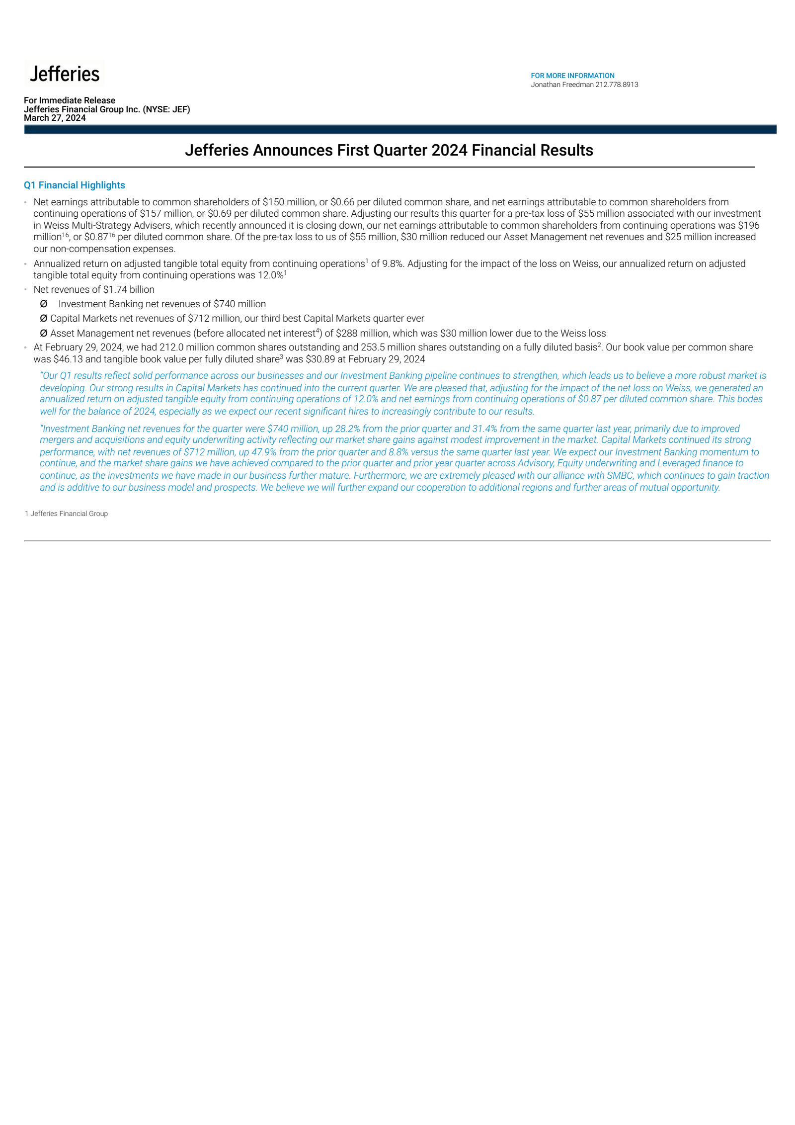 Jefferies Financial Group's Q1 2024 Press Release