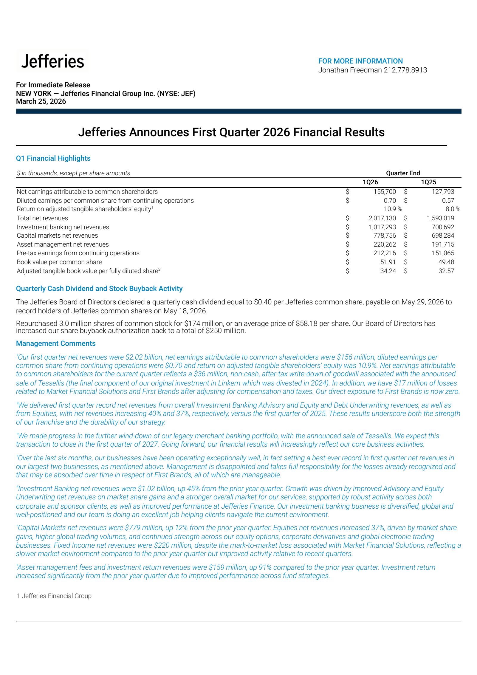 Jefferies Financial Group's Q1 2026 Press Release