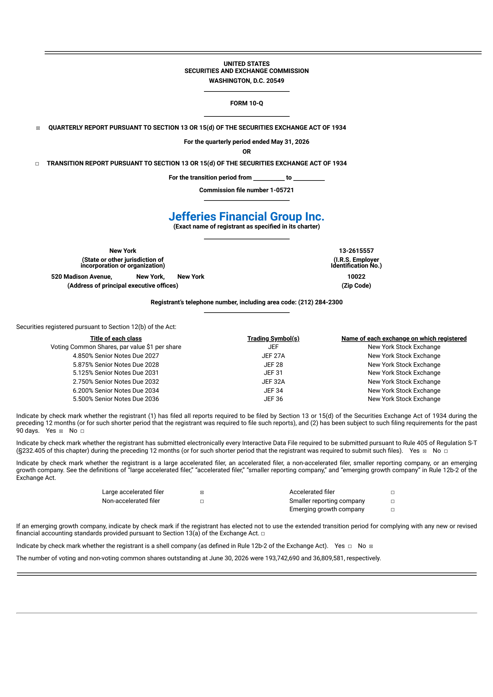 Jefferies Financial Group's Q2 2026 Quarterly report
