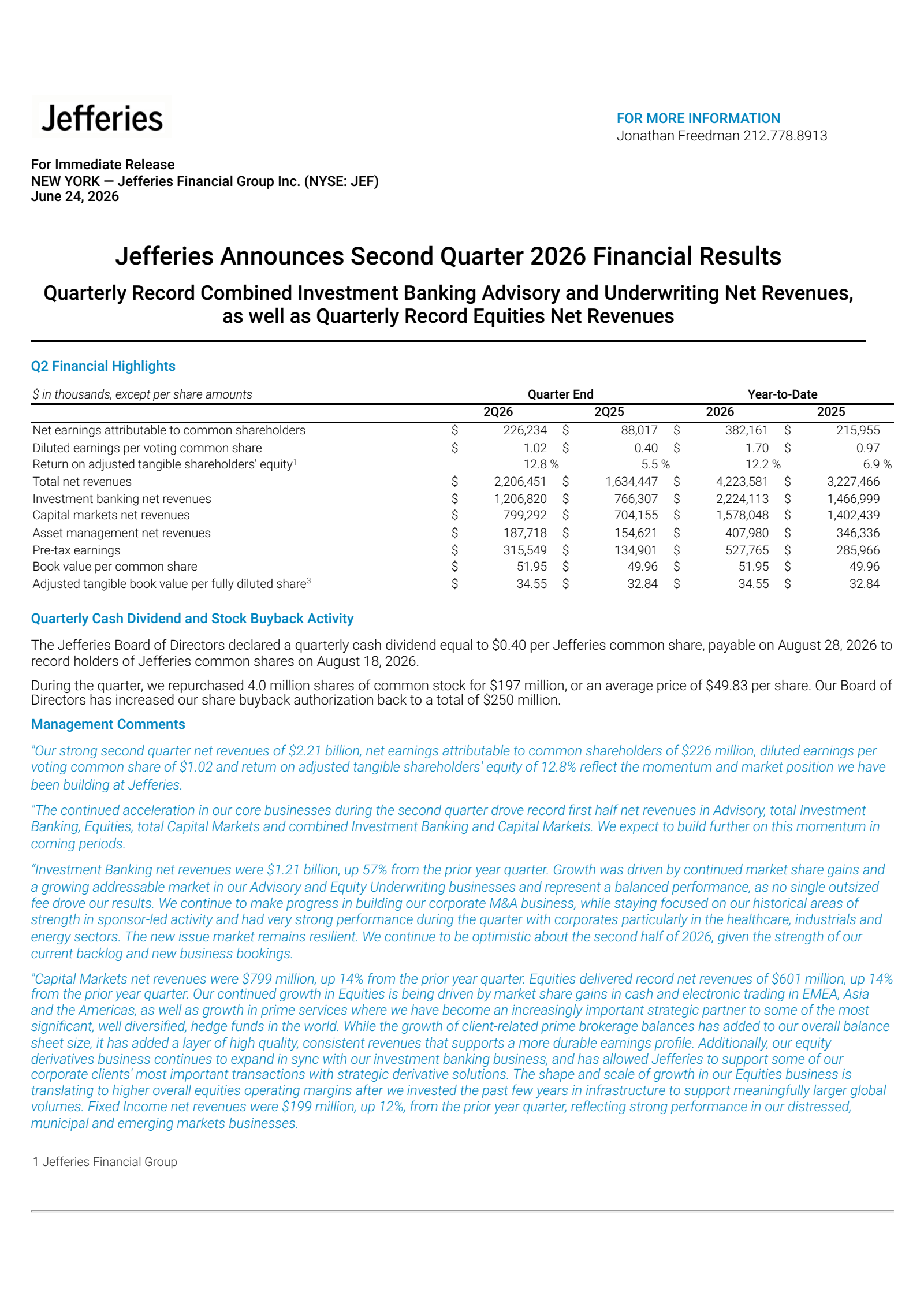 Jefferies Financial Group's Q2 2026 Press Release