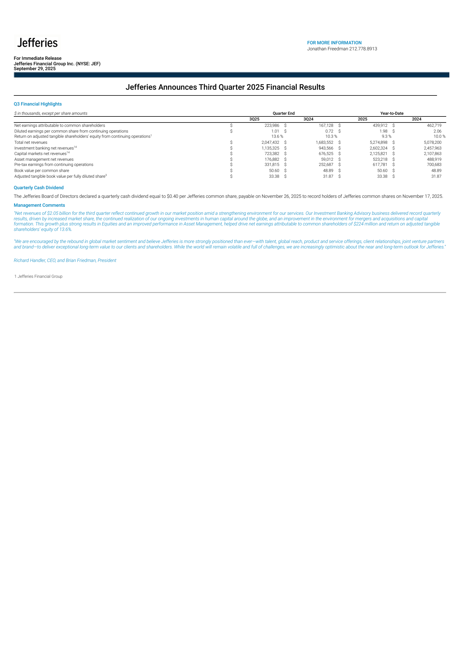 Jefferies Financial Group's Q3 2025 Earnings Release