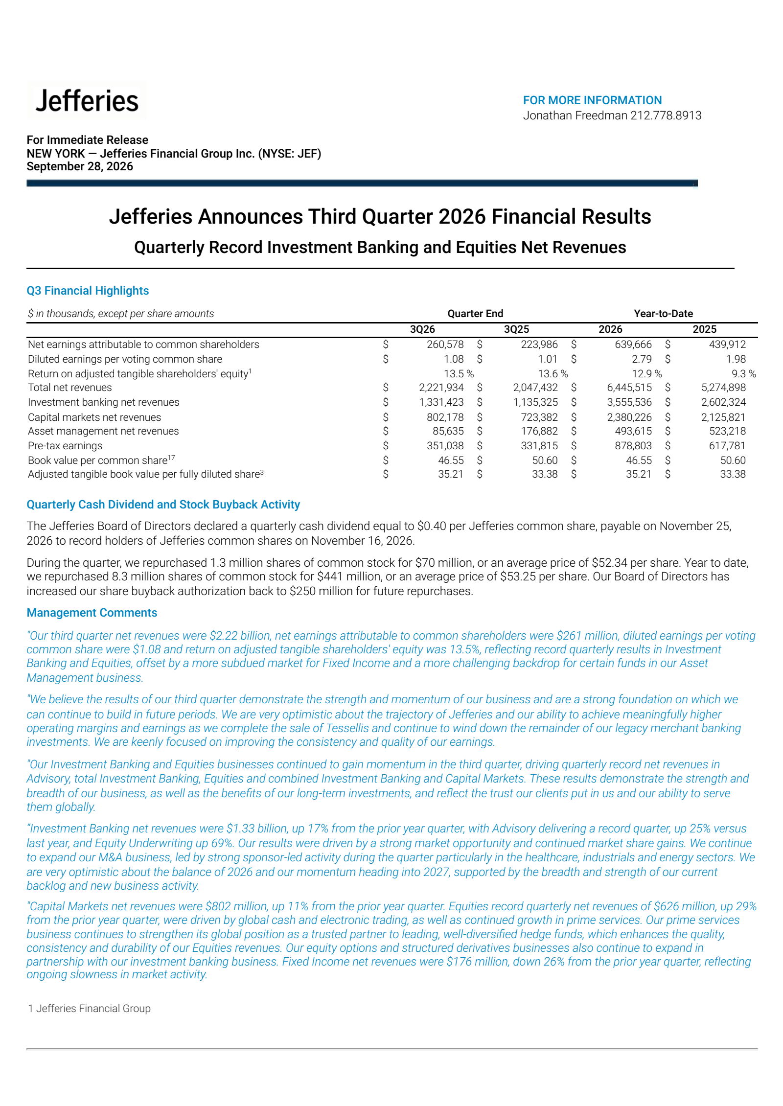Jefferies Financial Group's Q3 2026 Press Release