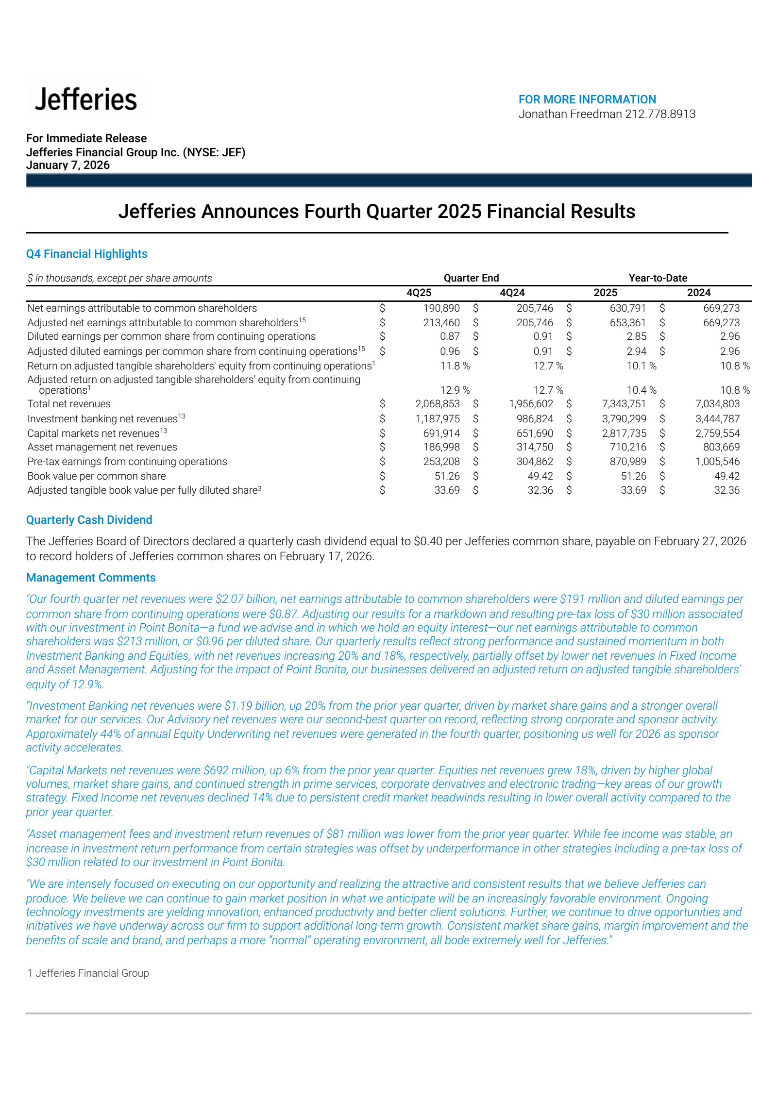 Jefferies Financial Group's Q4 2025 Earnings Release