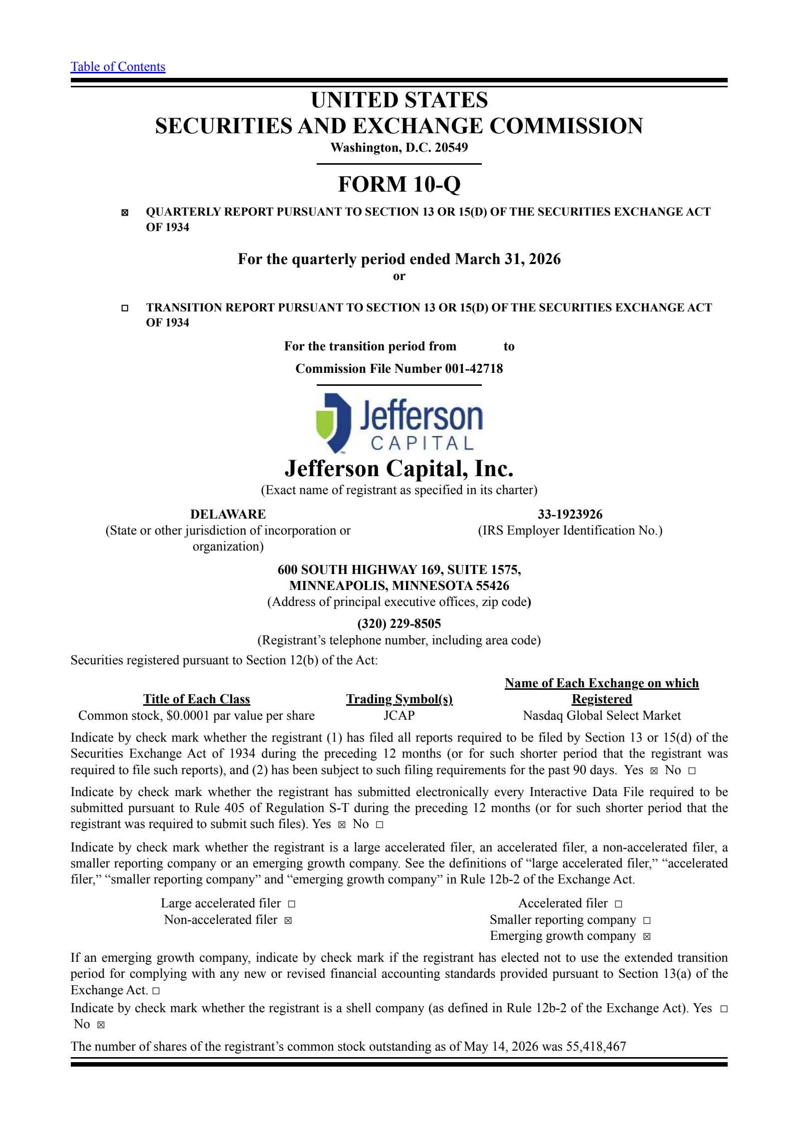 Jernigan Capital's Q1 2026 Quarterly report