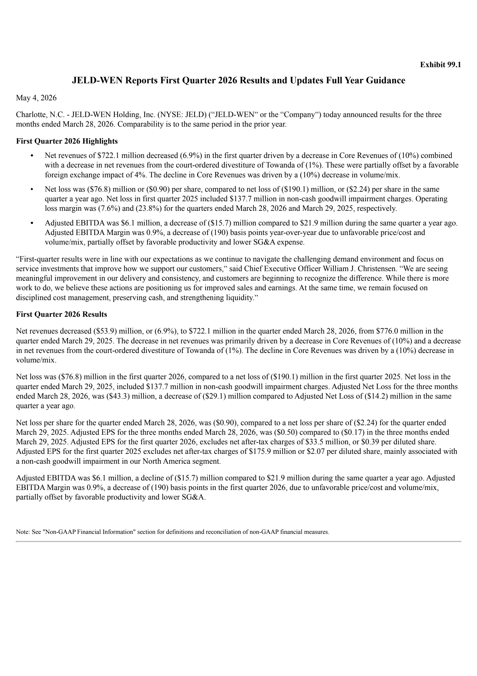 JELD-WEN's Q1 2026 Press Release