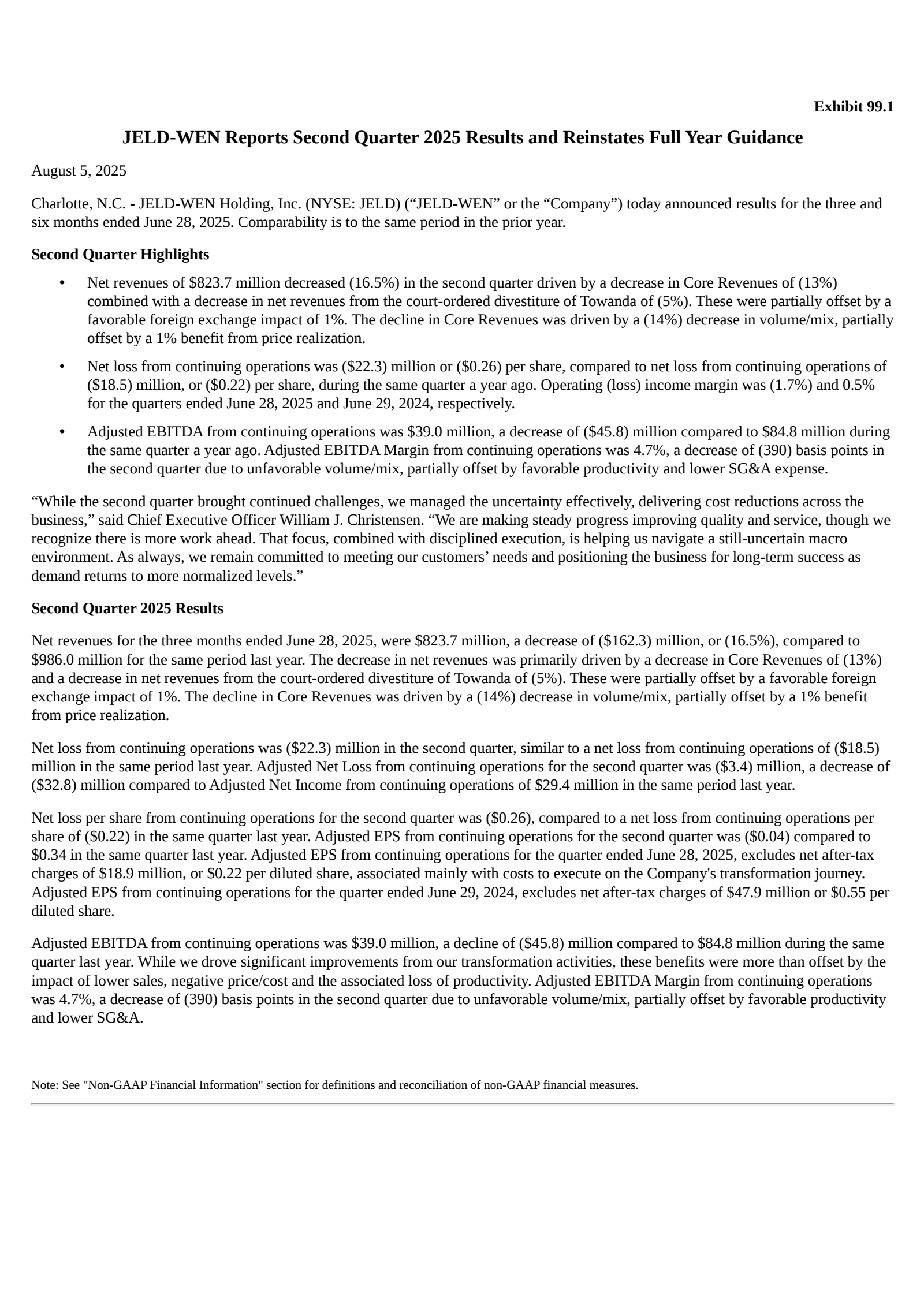 JELD-WEN's Q2 2025 Press Release