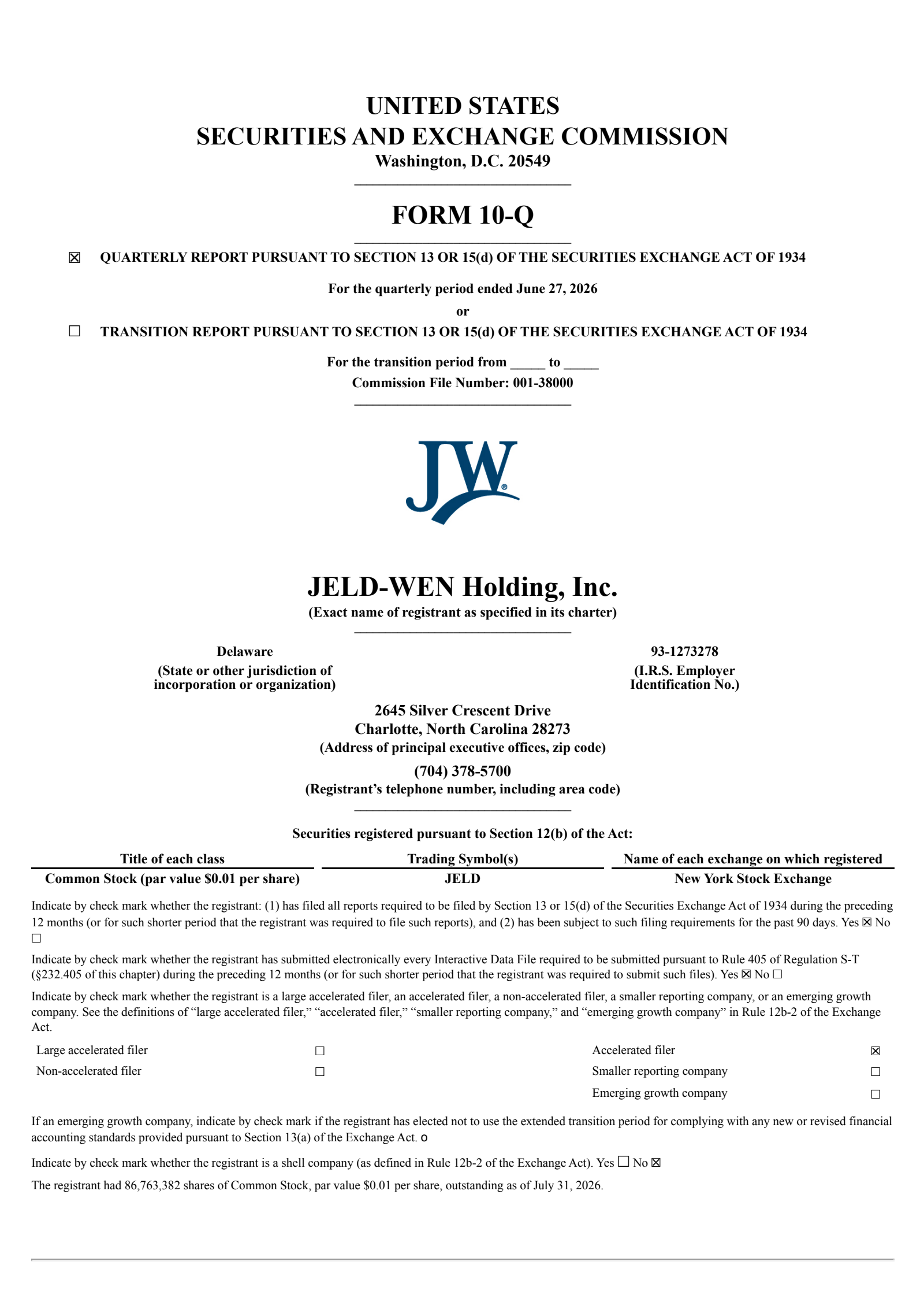 JELD-WEN's Q2 2026 Quarterly report
